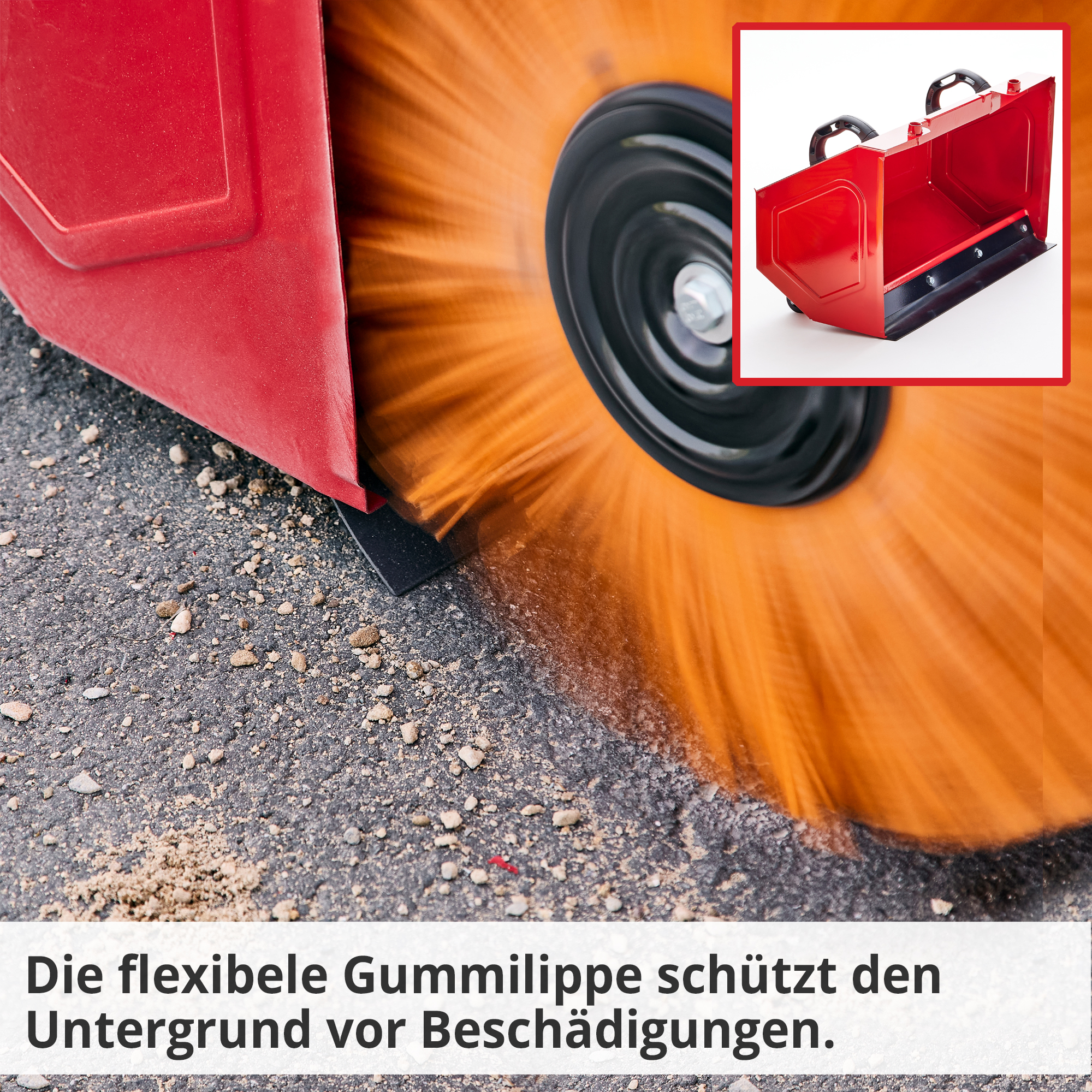 Hecht 8615 Kehrmaschine SET; Die flexible Gummilippe schützt den Untergrund vor Beschädigungen