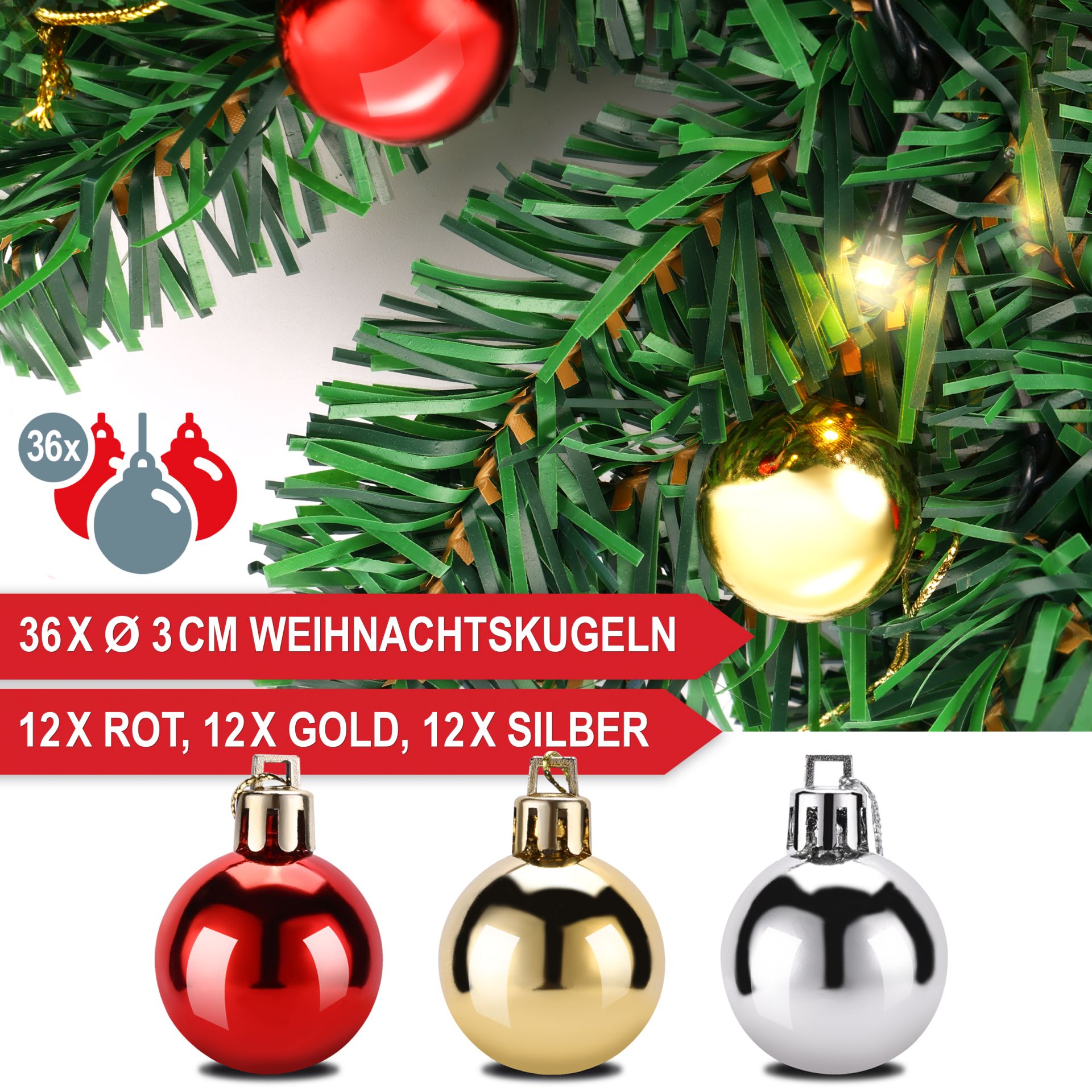 Weihnachtsgirlande 5m - 12mal rot, 12mal gold, 12mal silber Kugeln