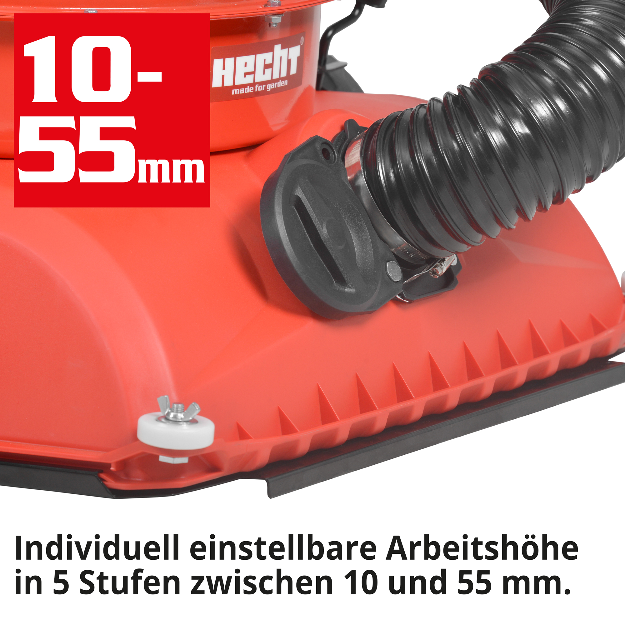 Laubsauger + Kehrwalze; Individuell einstellbare Arbeitshöhe in 5 Stufen zwischen 10 und 55 Millimetern