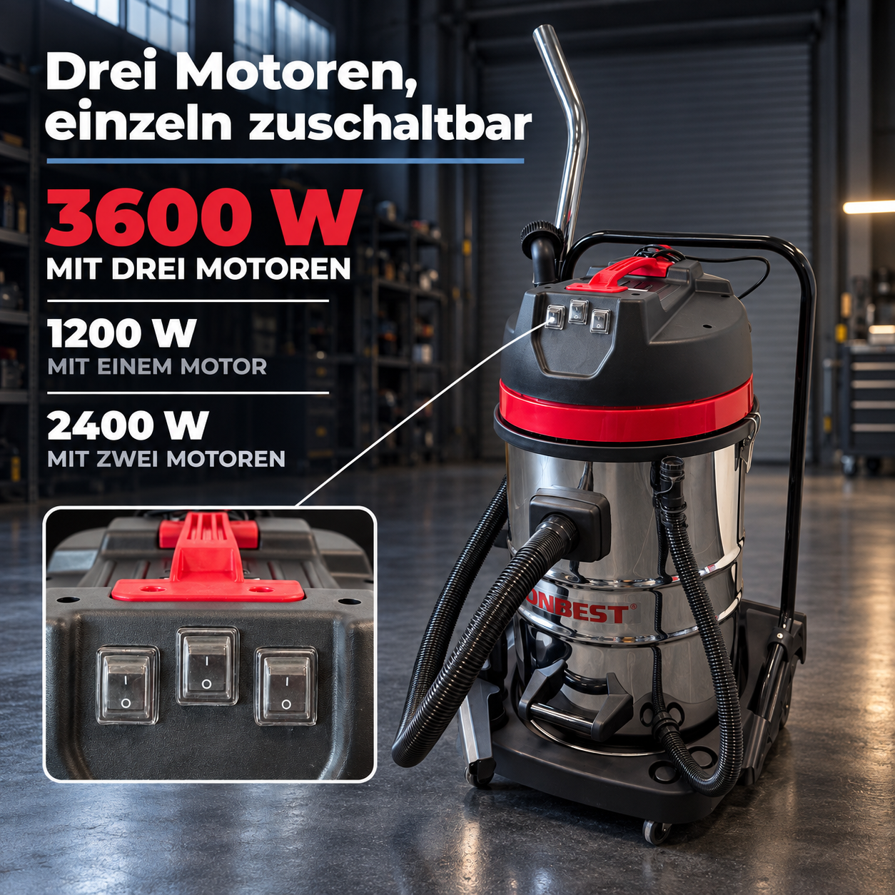 Starke Saugleistung: Drei einzeln zuschaltbare Motoren mit 3600 Watt (Dieses Bild wurde mit Hilfe von KI generiert.)