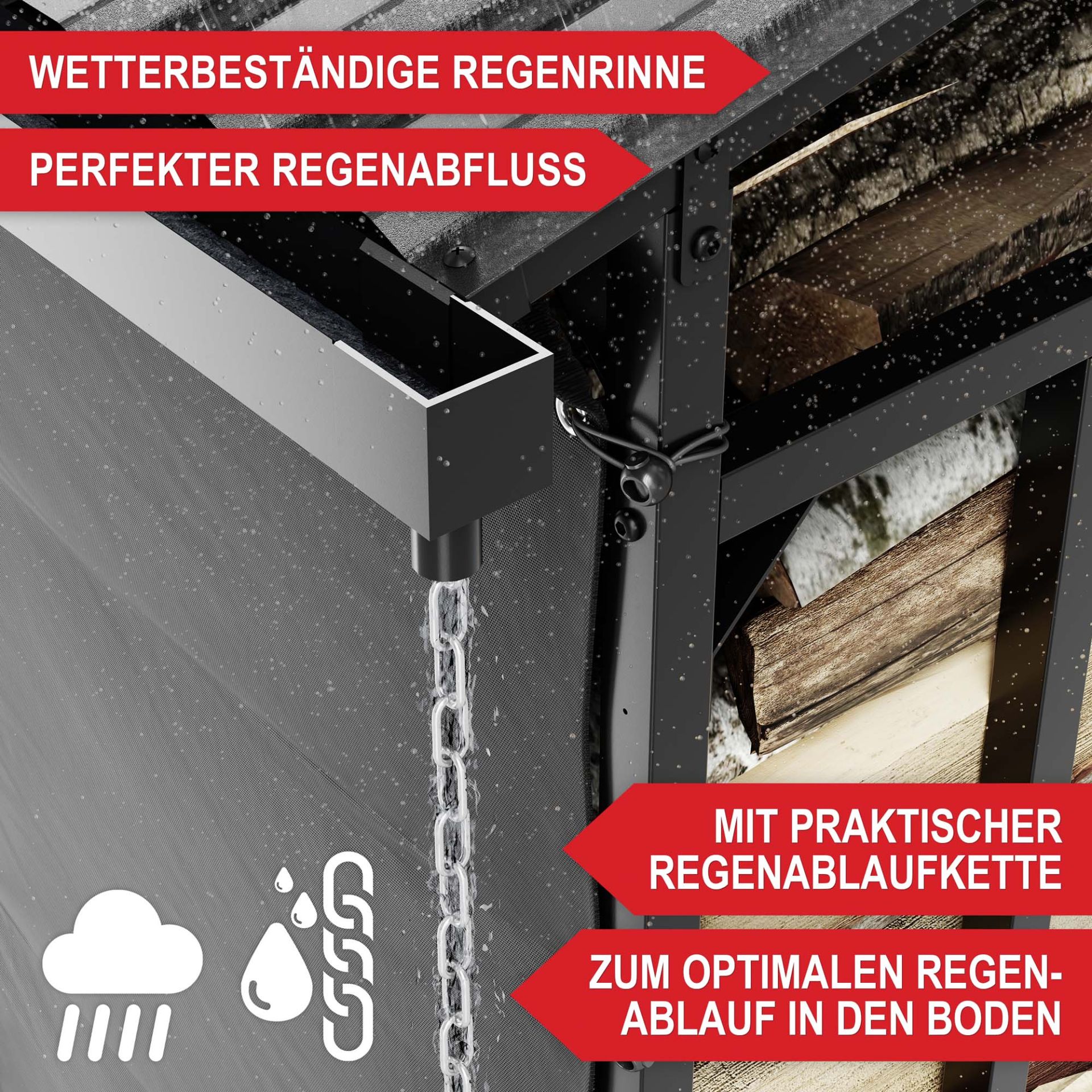 Brennholzregal Metall L - Wetterbeständige Regenrinne; perfekter Regenabfluss; mit praktischer Regenablaufkette; zum optimalen Regenablauf in den Boden