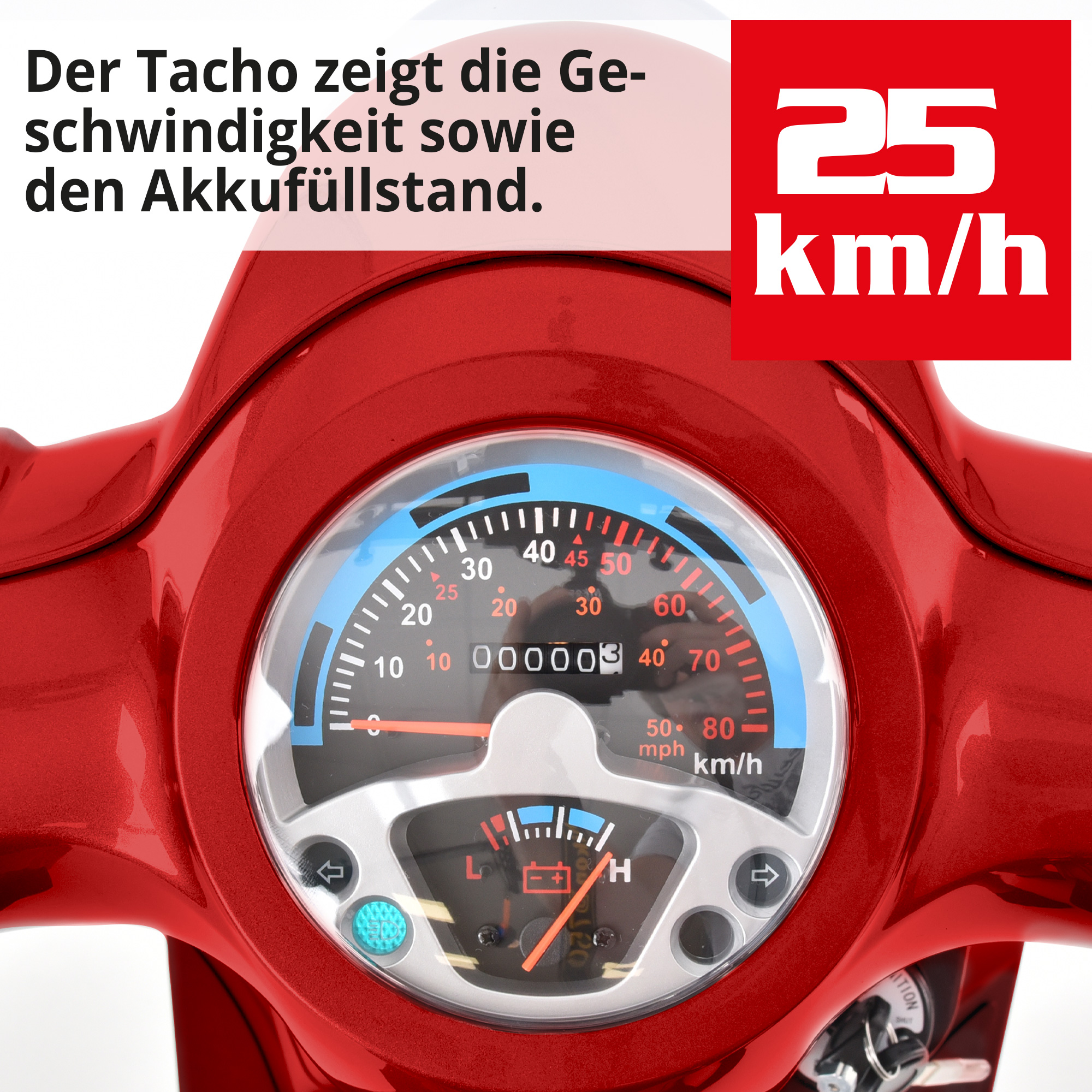 Hecht CITISMAX Seniorenfahrzeug 3 Rad Rot; Der Tacho zeigt die Geschwindigkeit sowie den Akkufüllstand