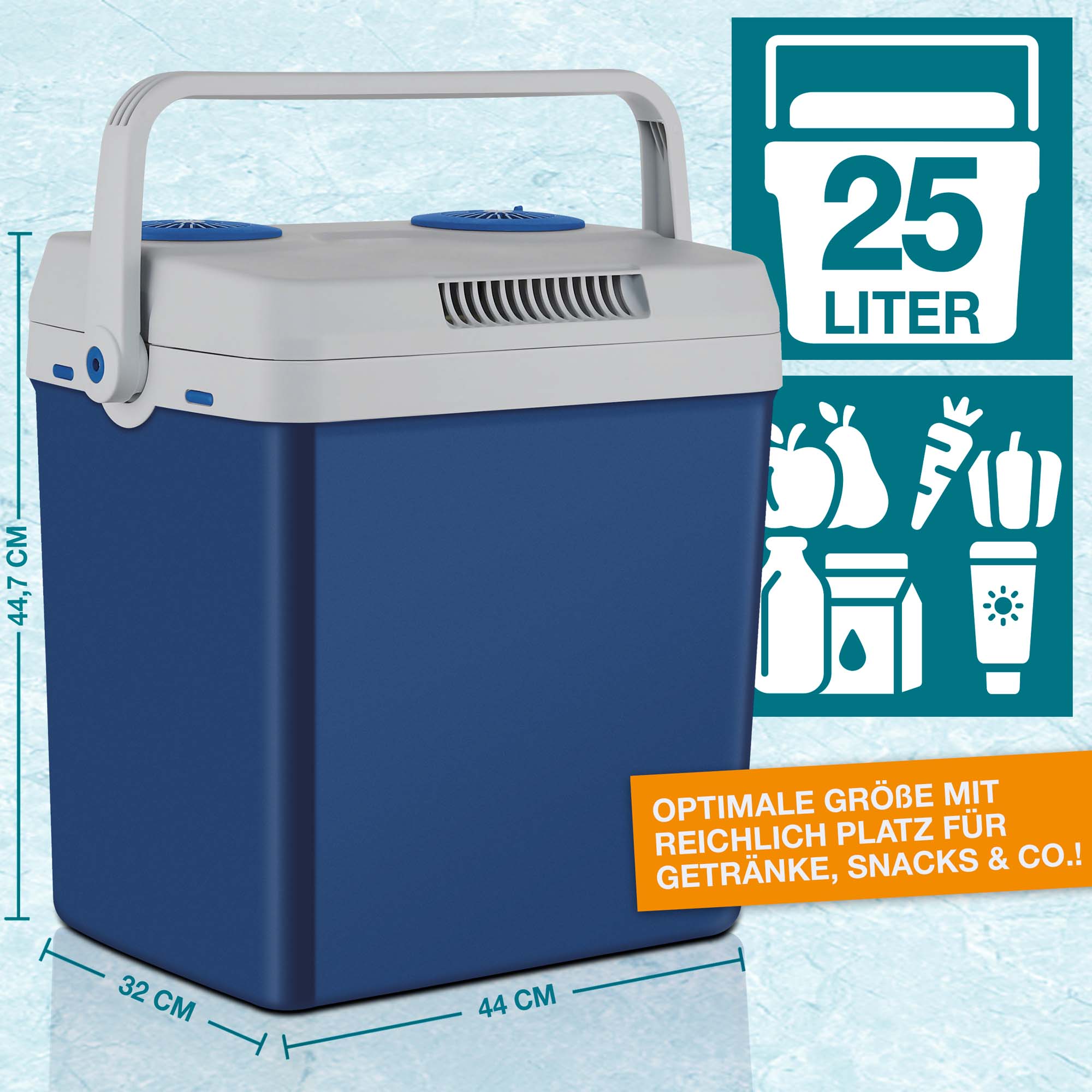 Kühlbox – 25 Liter Fassungsvermögen – Geräumige Thermobox – Kühler für Getränke – Snacks – Ideal für unterwegs – Picknickkühler – Maße: 44,7 cm x 32 cm x 44 cm – Transportkühler – Blau