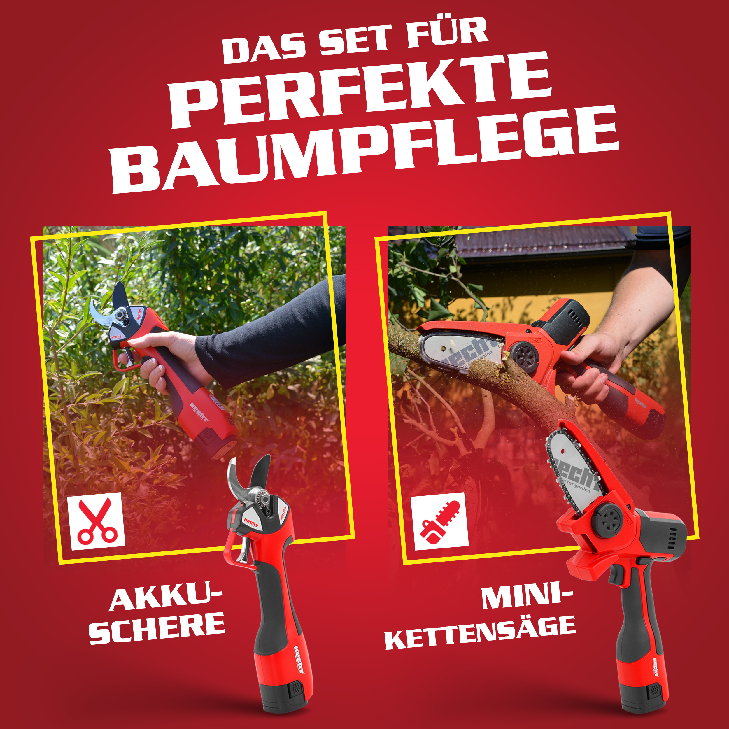 Baumpflege Set im Einsatz mit Akku-Schere und Mini-Kettensäge zur Gartenpflege