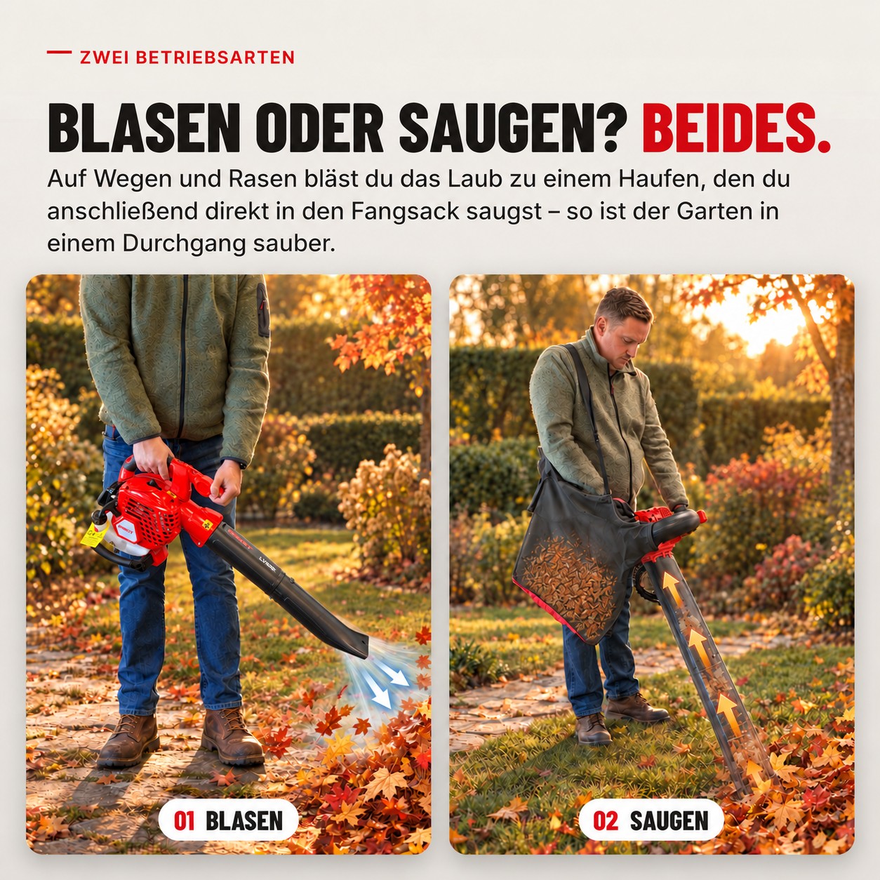 Zwei Betriebsarten: Laub blasen und in den Fangsack saugen mit dem ONBEST LV850 (Dieses Bild wurde mit Hilfe von KI generiert.)