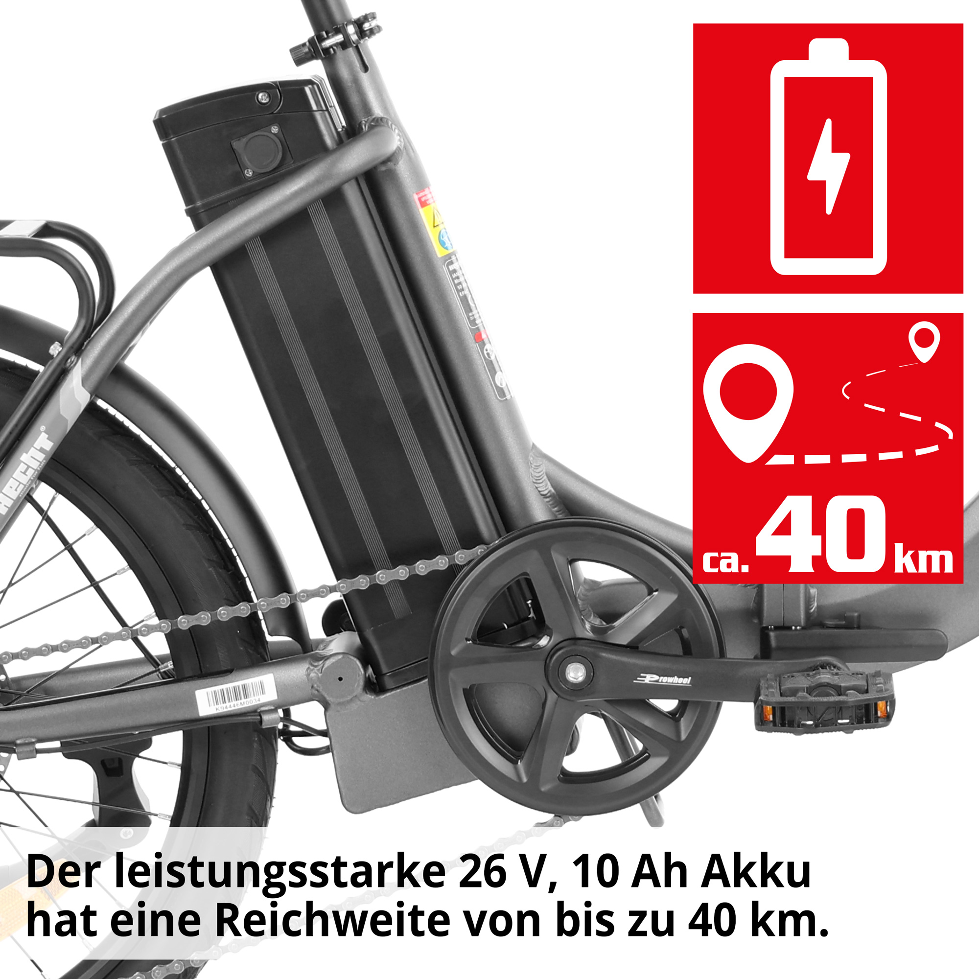 Elektro Klapprad; Der leistungsstarke Akku hat eine Reichweite von bis zu 40 Kilometern