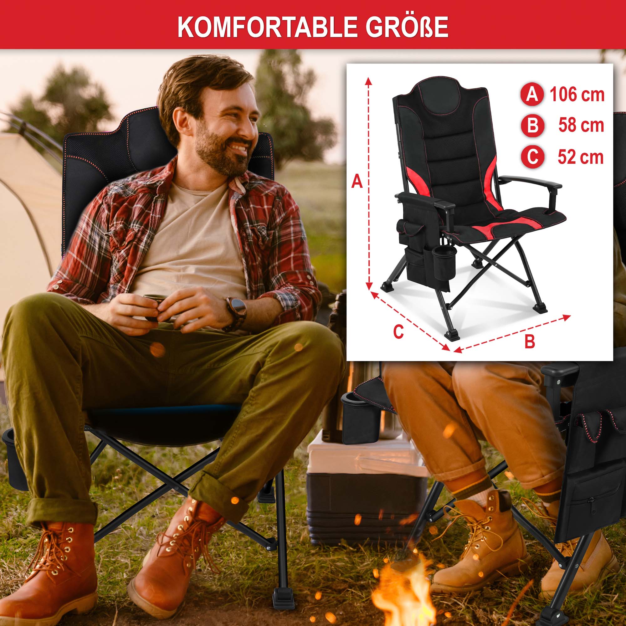 Campingstuhl schwarz/rot - Komfortable Größe