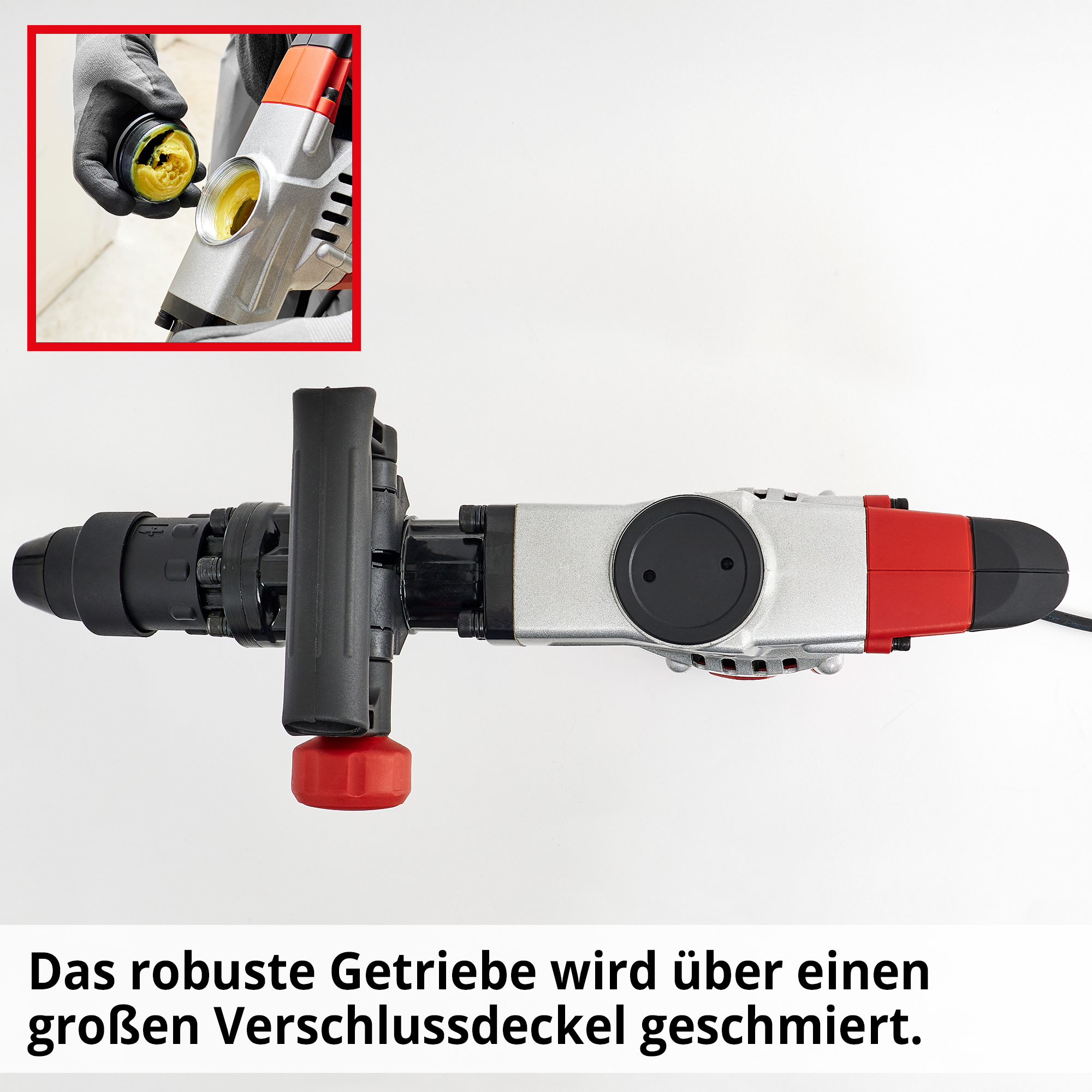 HECHT 1090 Bohrhammer; Das robuste Getriebe wird über einen großen Verschlussdeckel geschmiert 