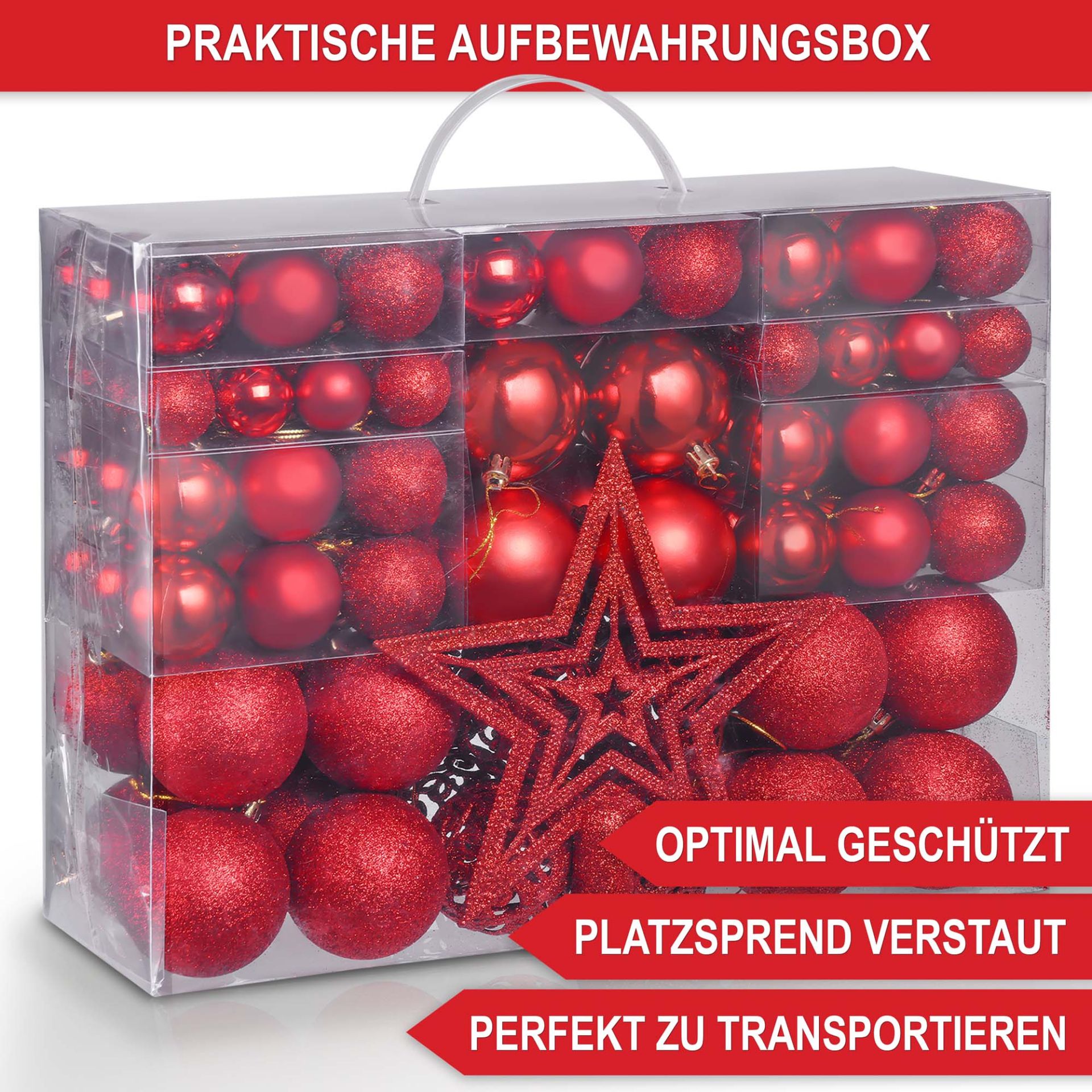 Weihnachtskugeln Rot - Praktische Aufbewahrungsbox, optimal geschützt, platzsparend verstaut, perfekt transportieren