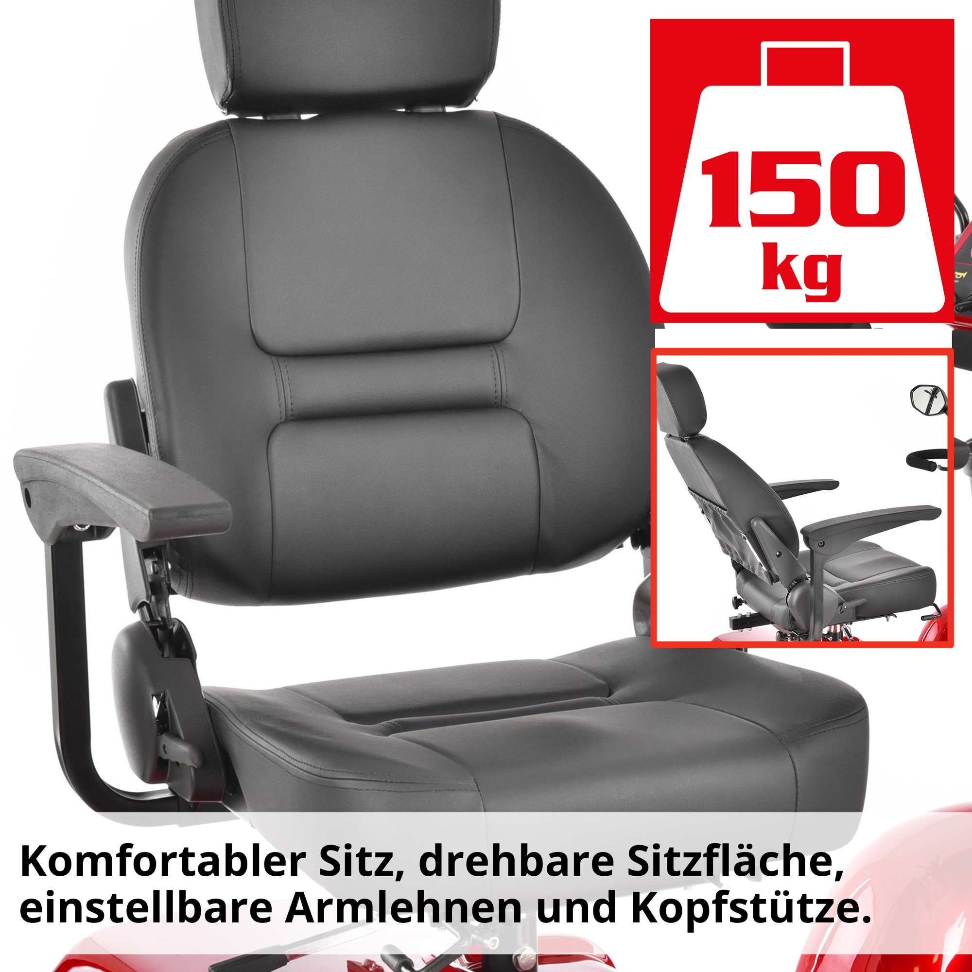 Hecht WISE RED Elektro Seniorenmobil mit komfortablem Sitz, drehbarer Sitzfläche, einstellbaren Armlehnen und Kopfstützen