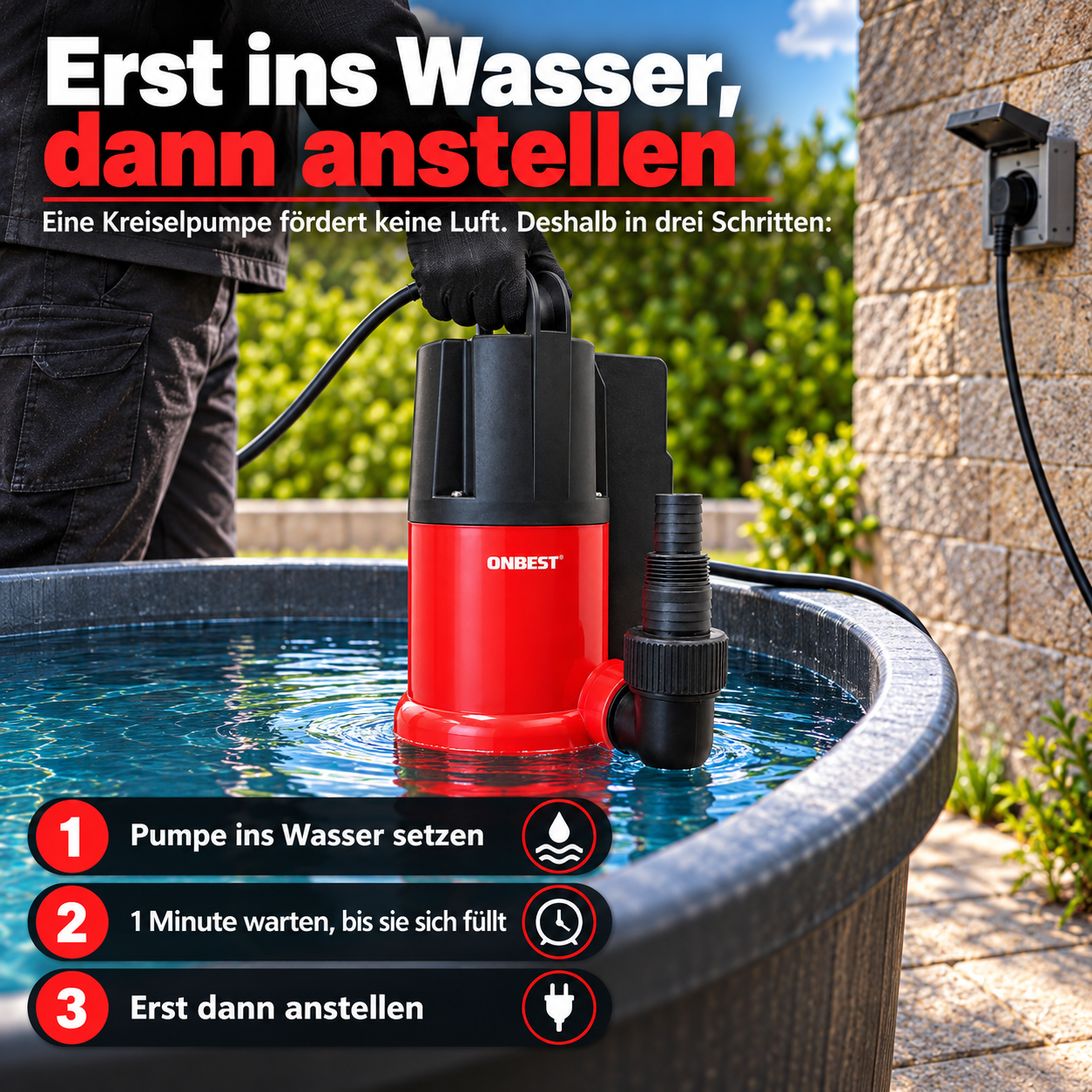 Tauchpumpe Inbetriebnahme: Erst ins Wasser setzen, füllen lassen und starten (Dieses Bild wurde mit Hilfe von KI generiert.)
