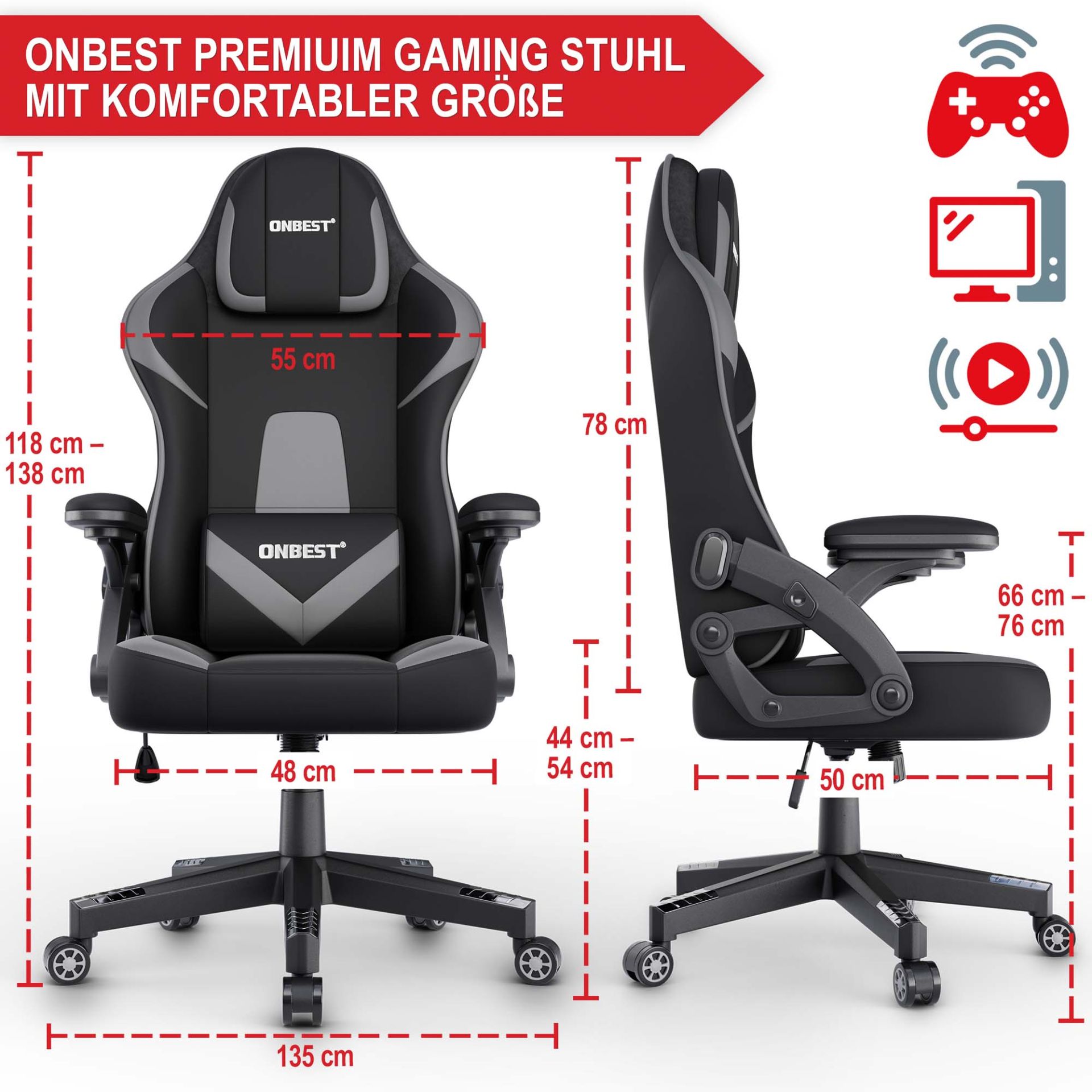 Gaming Stuhl schwarz/ grau - Mit komfortabler Größe