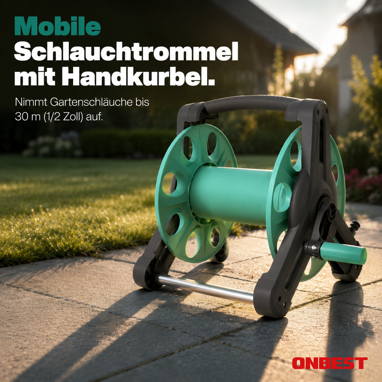 ONBEST Schlauchtrommel mobil mit Handkurbel für 30m 1/2-Zoll-Schlauch