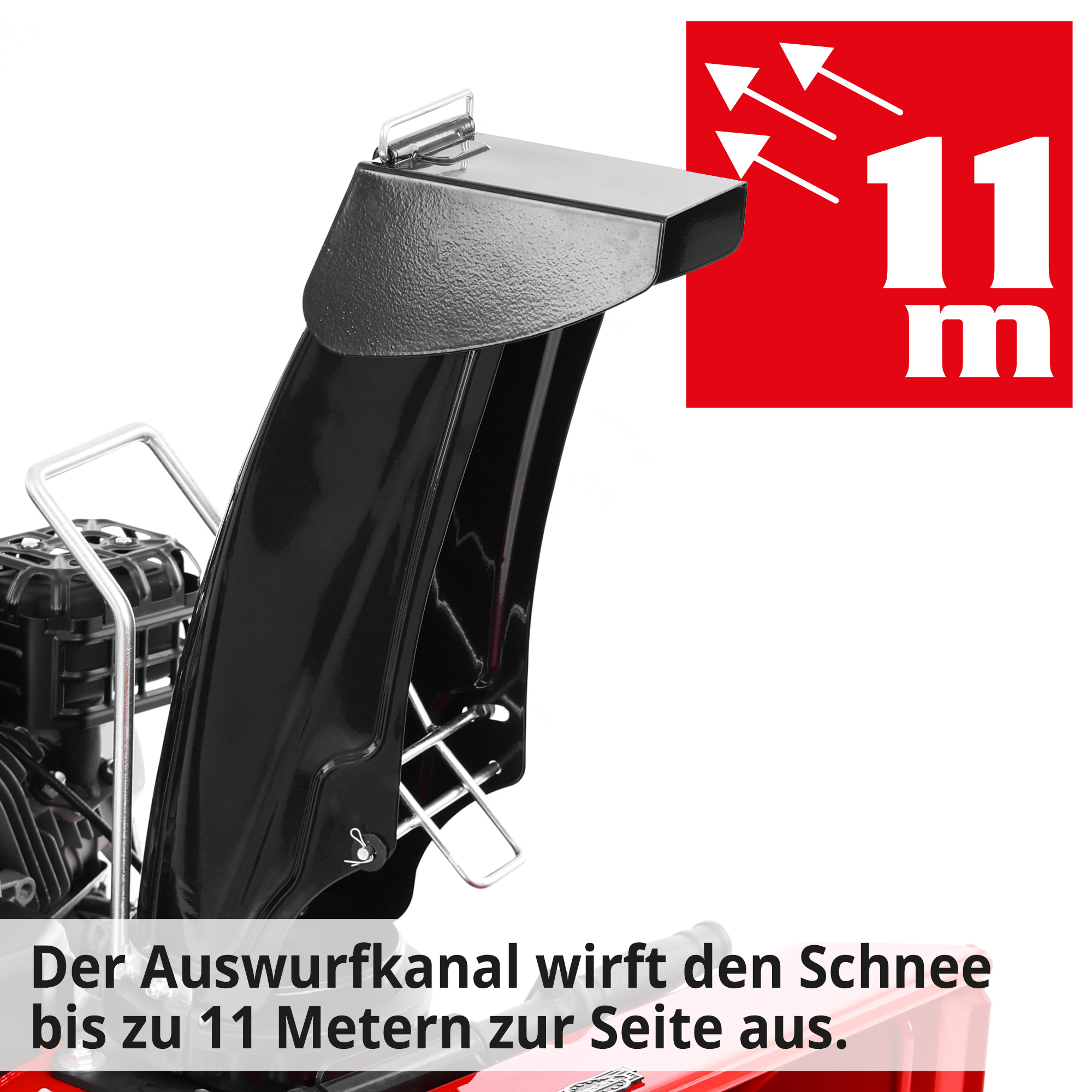 Die Benzin Schneefräse befördert den Schnee bis zu 11 Meter über den Auswurfkanal zur Seite