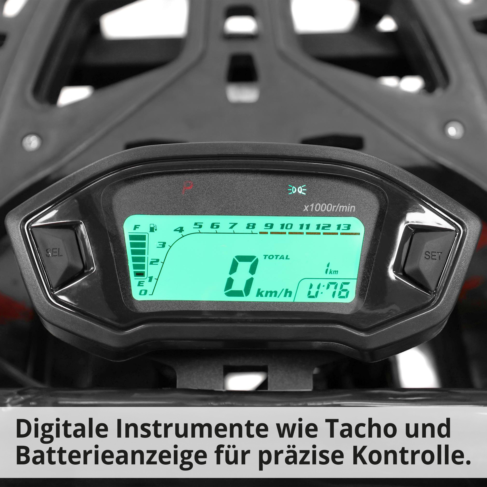 Hecht Cargo - Quad mit Pritsche & Plane mit digitalen Instrumenten wie Tacho und Batterieanzeige für präzise Kontrolle (Dieses Bild wurde mit Hilfe von KI generiert.)