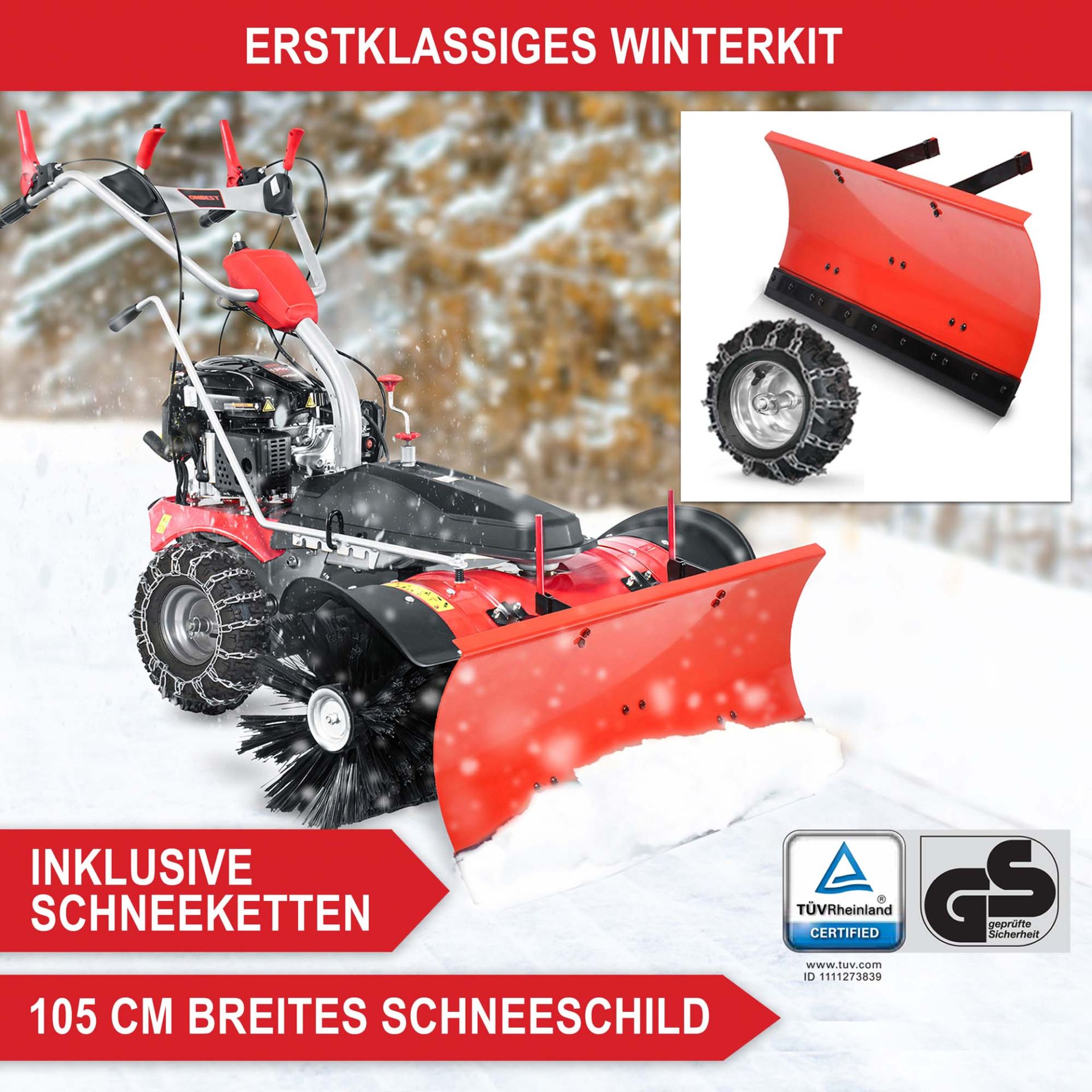 Kehrmaschine Benzin Set 100-LE - Erstklassiges Winterkit, inklusive Schneeketten, breites Schneeschild