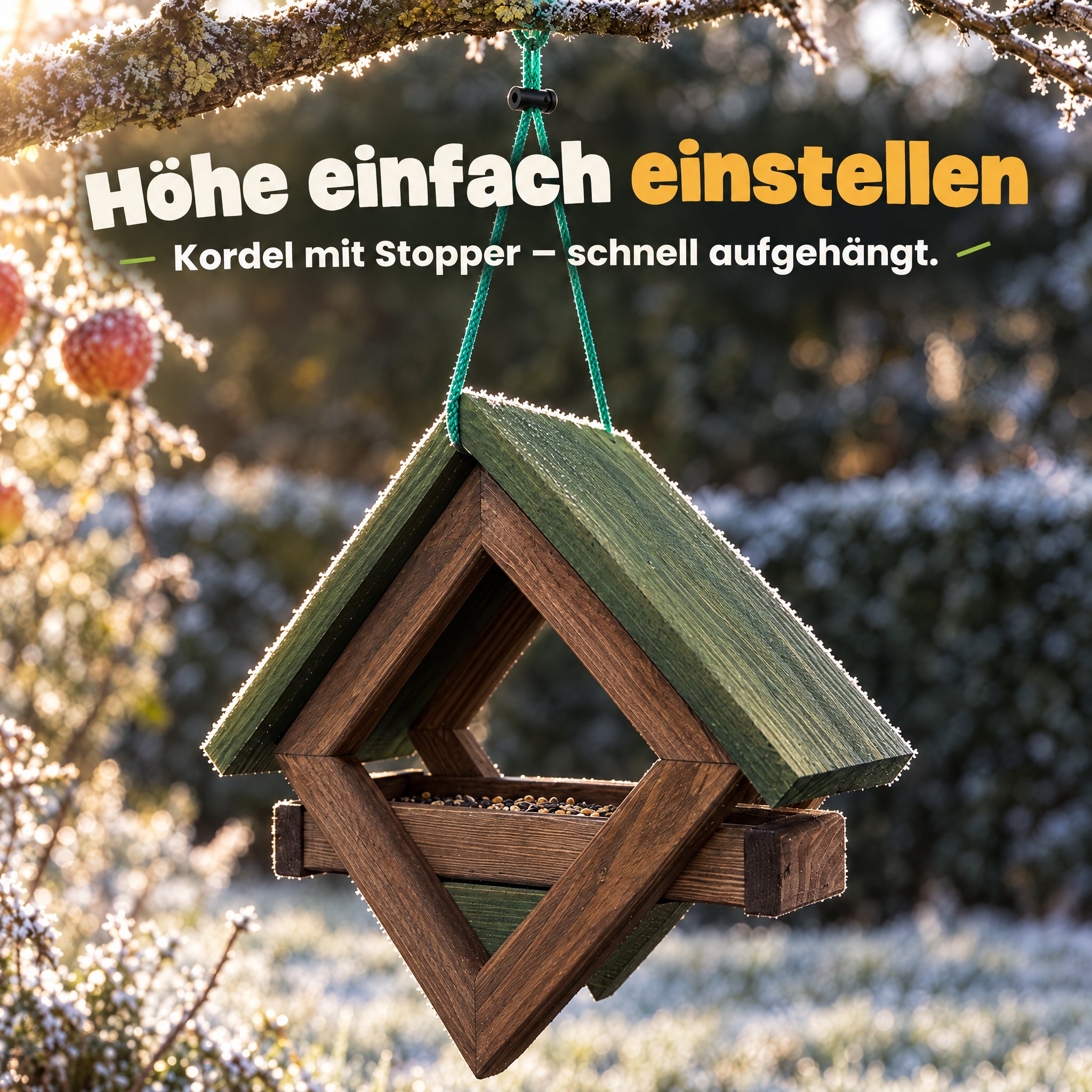 Vogelhaus Aufhängung: Kordel mit Stopper für schnelle Höhenverstellung (Dieses Bild wurde mit Hilfe von KI generiert.)