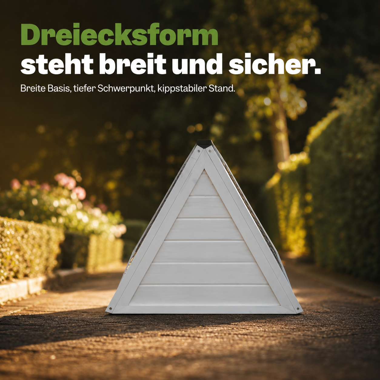Kippstabiler Hasenstall in sicherer Dreiecksform mit tiefem Schwerpunkt