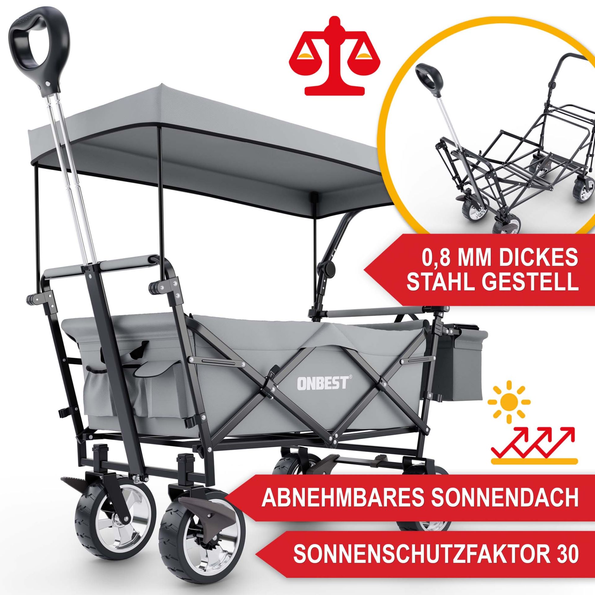Bollerwagen mit Dach grau - dickes Stahlgestell, abnehmbares Sonnendach, Sonnenschutzfaktor 30
