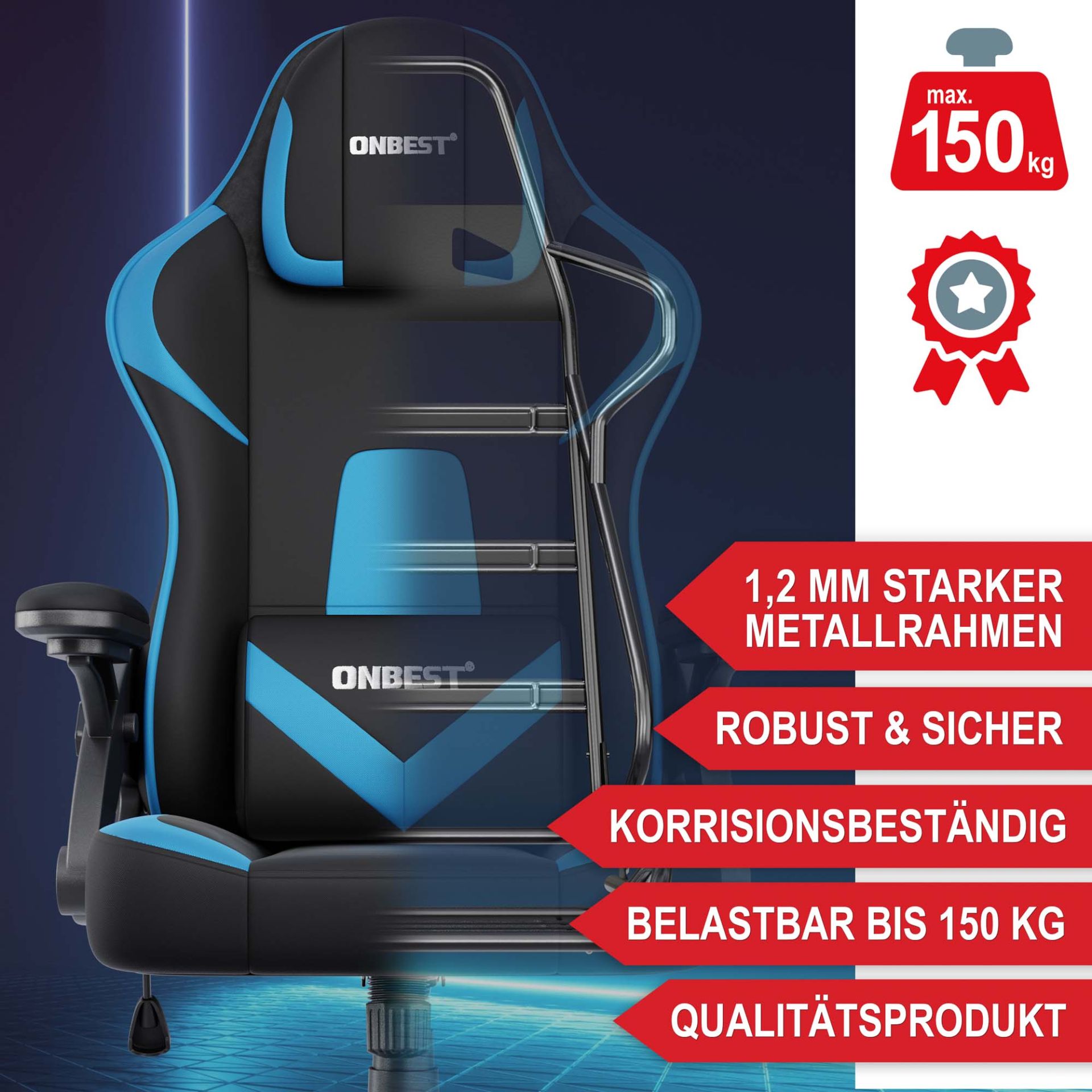 Gaming Stuhl schwarz/ blau - robust und sicher, korrisionsbeständig,  schwer belastbar, Qualitätsprodukt