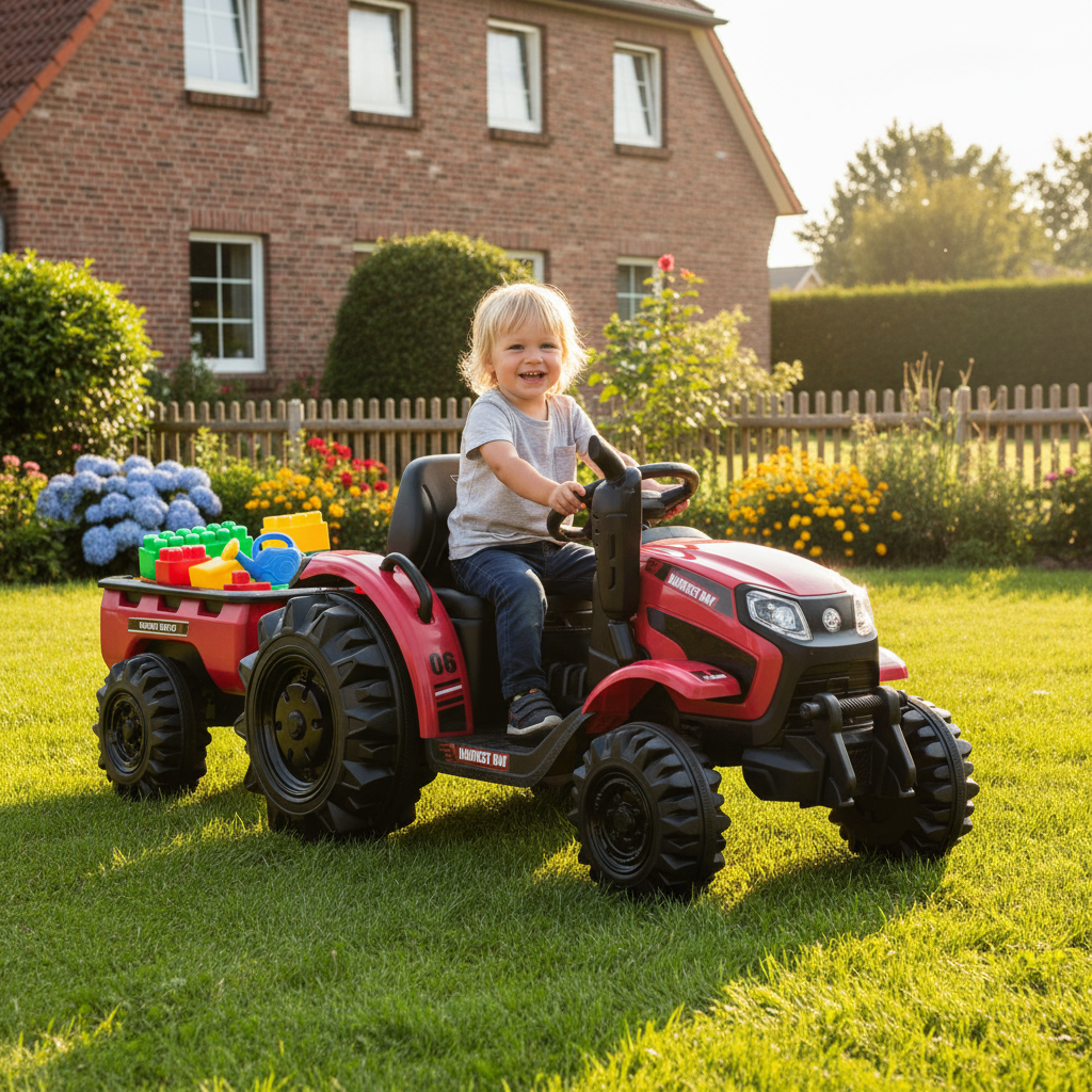 Hecht 50435 RED Elektro Kindertraktor mit Anhänger Rot  im Garten mit Kind