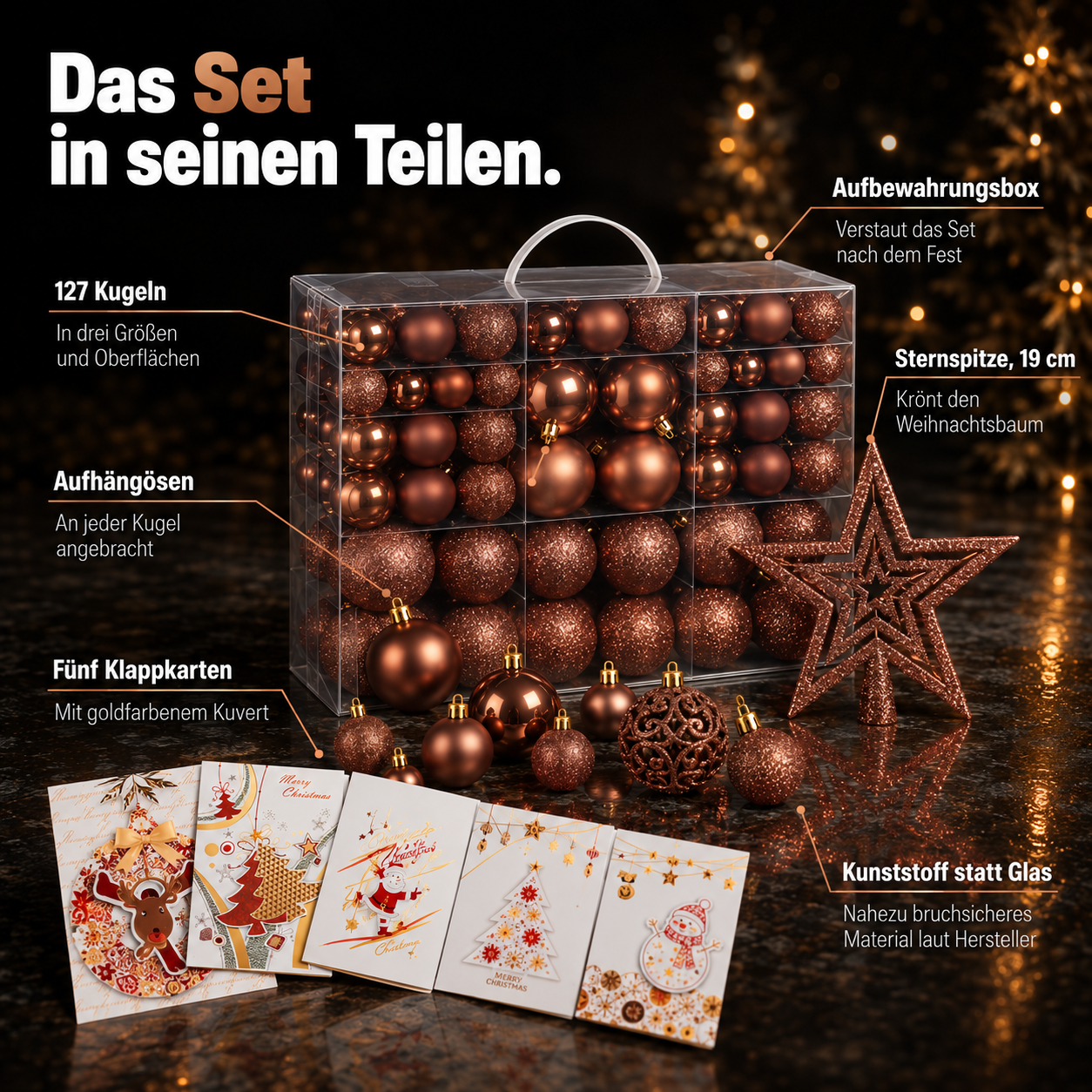 ONBEST Baumschmuck Set: Alle 128 Teile mit Stern und Karten im Detail (Dieses Bild wurde mit Hilfe von KI generiert.)