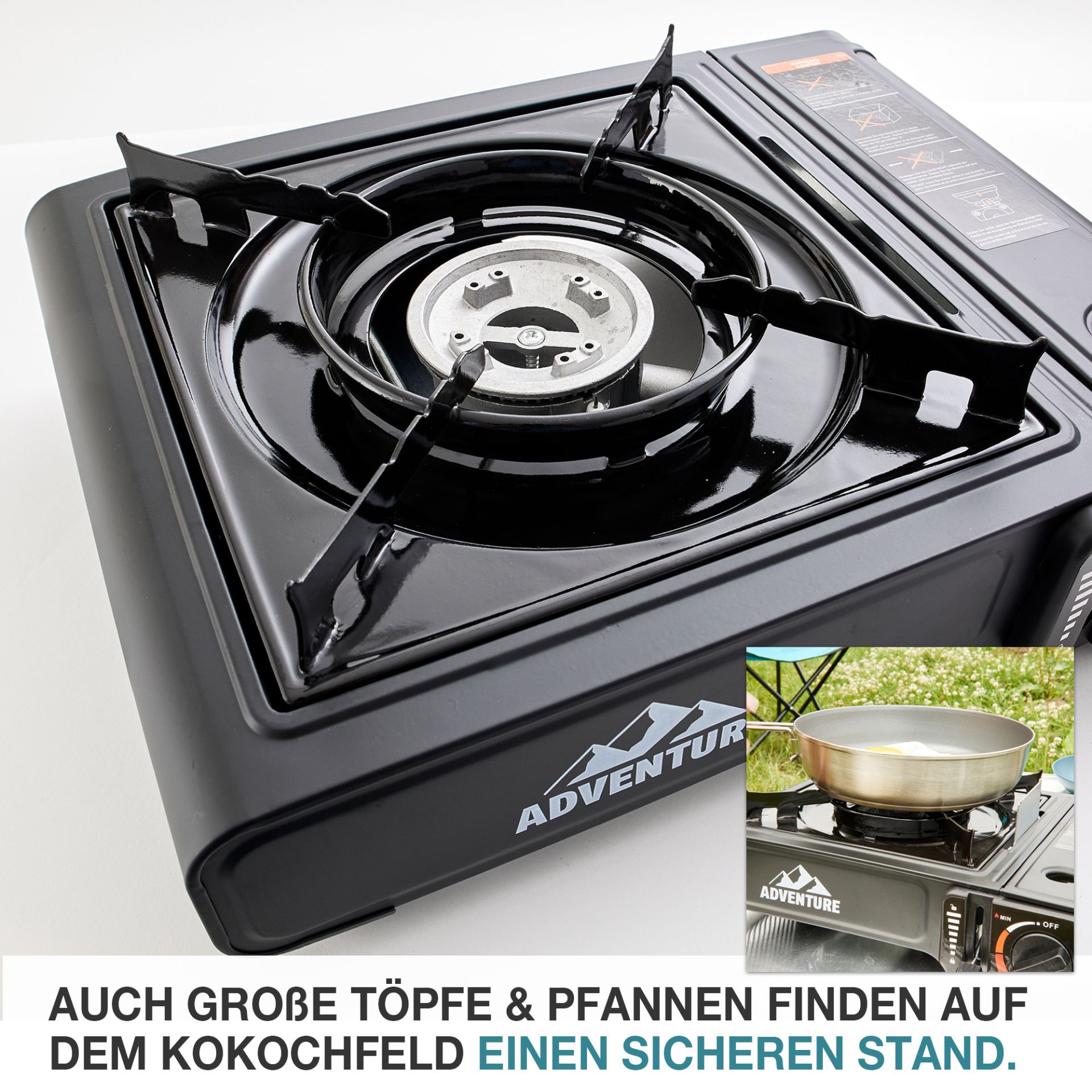 TOM Gaskocher - GK-227 Edelstahl Everest; auch für große Töpfe und Pfannen