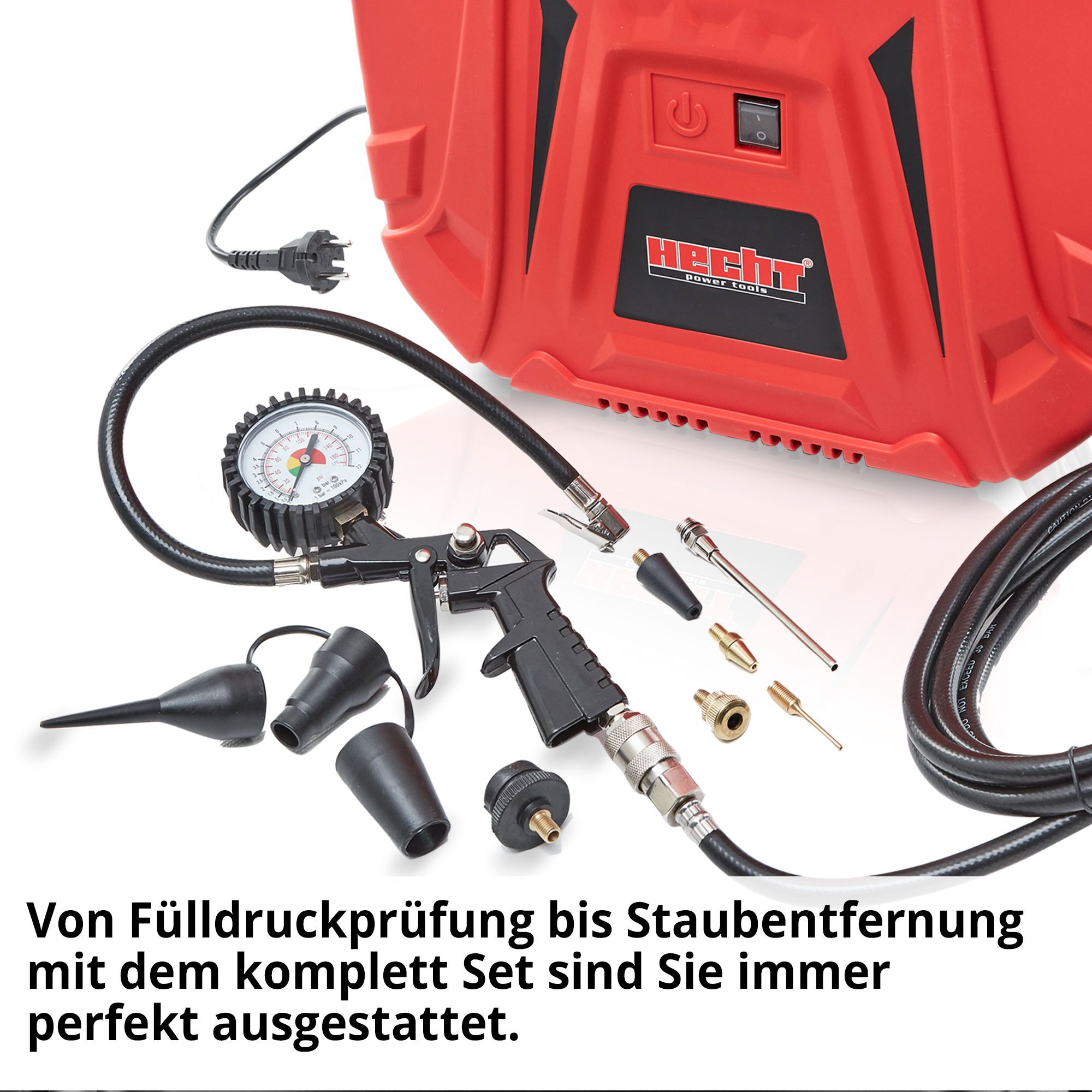 Kofferkompressor; Von Fülldruckprüfung bis Staubentfernung mit dem komplett Set sind Sie immer perfekt ausgestattet
