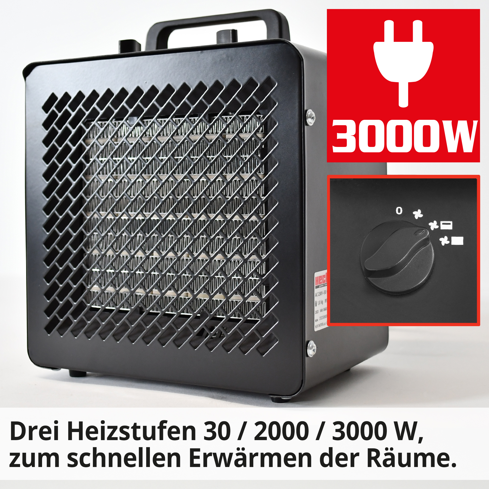 Hecht 3545 Keramik Heizlüfter mit 3 Heizstufen 30/ 2000/ 3000 Watt zum schnellen Erwärmen der Räume