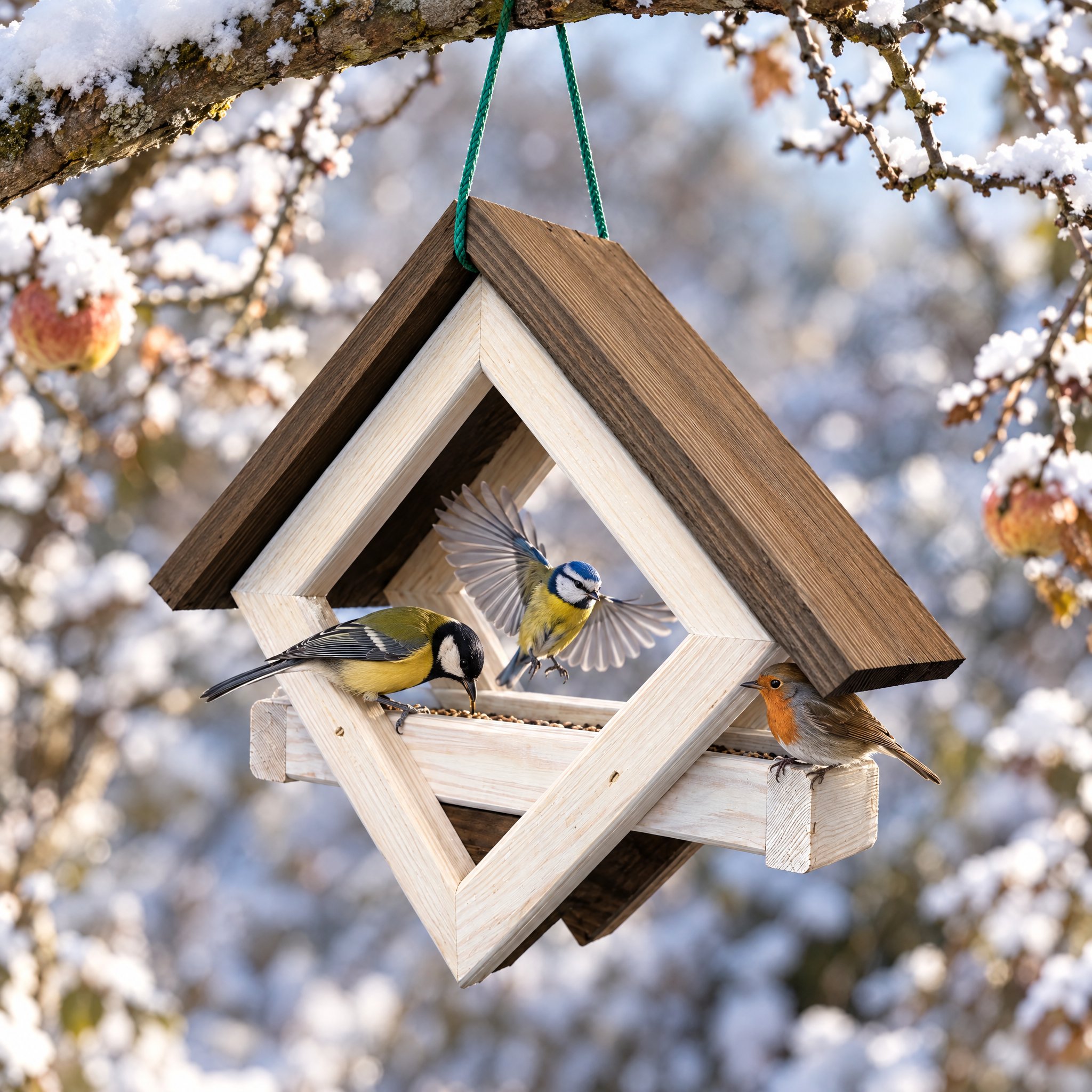 Vogelhaus Weiß-Braun im Einsatz: Blaumeise, Kohlmeise und Rotkehlchen (Dieses Bild wurde mit Hilfe von KI generiert.)