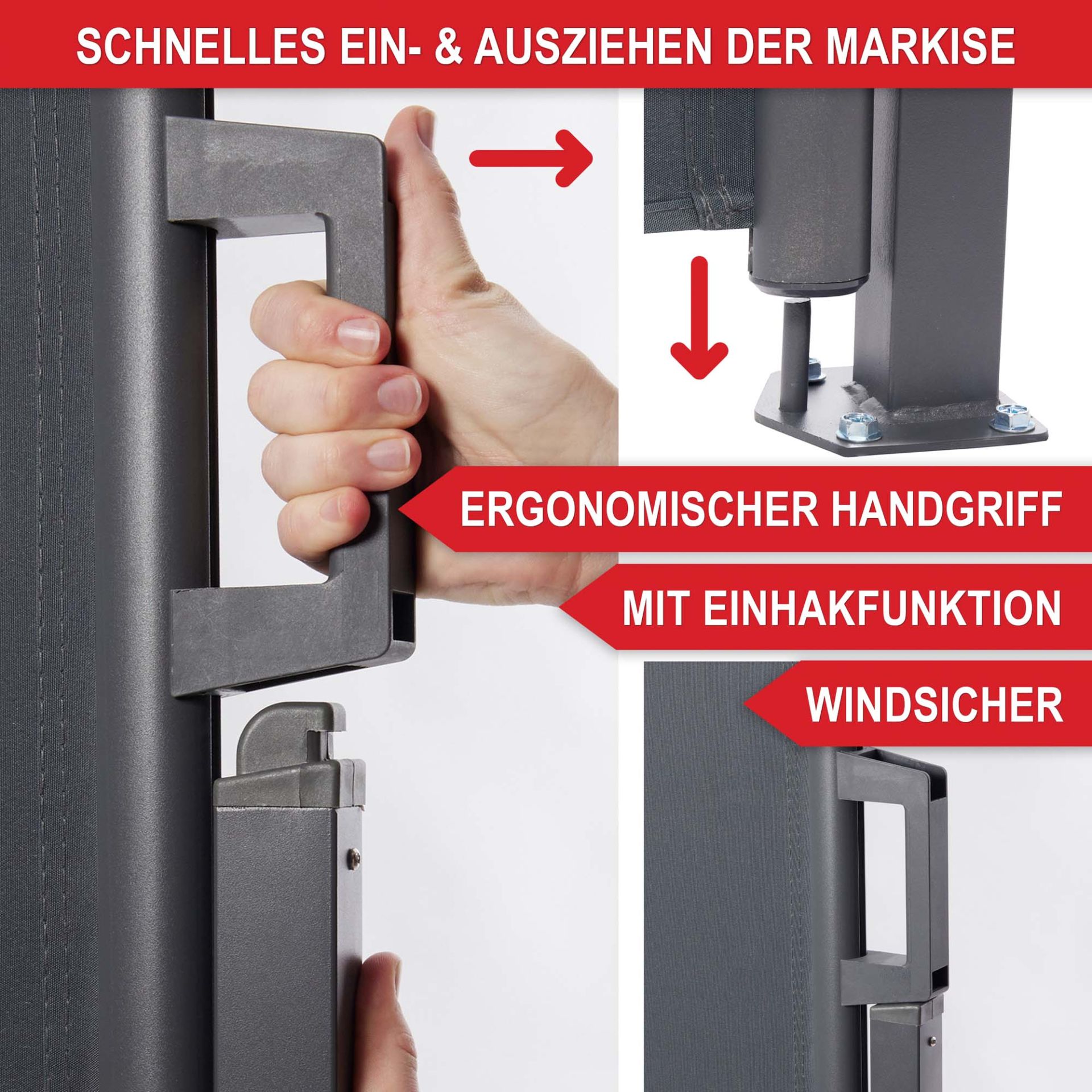 Schnelles Ein- und Ausziehen, ergonomischer Handgriff, Einhakfunktion, Windsicher - Seitenmarkise XL Schnelles Ein- und Ausziehen, ergonomischer Handgriff, Einhakfunktion, Windsicher - Seitenmarkise XL