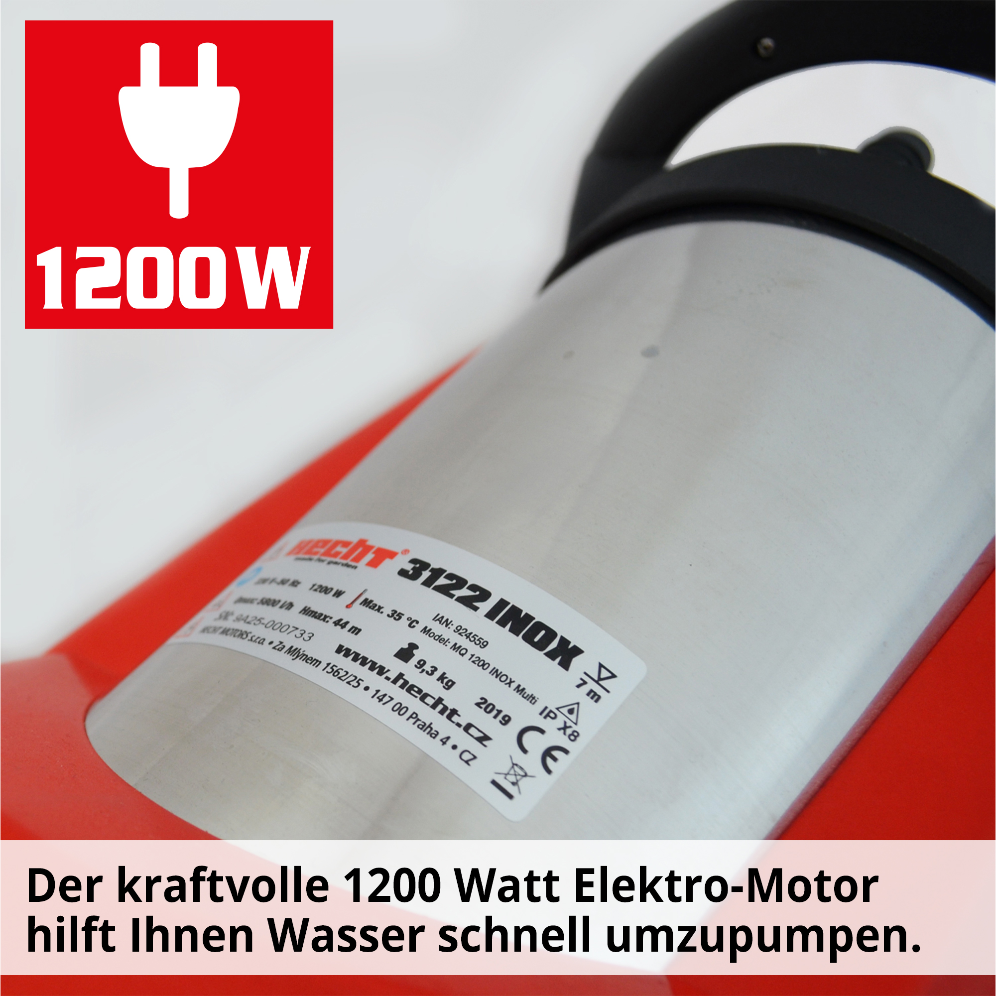 Tauchpumpe; Der kraftvolle 1200 Watt Elektro Motor hilft Ihnen Wasser schnell umzupumpen