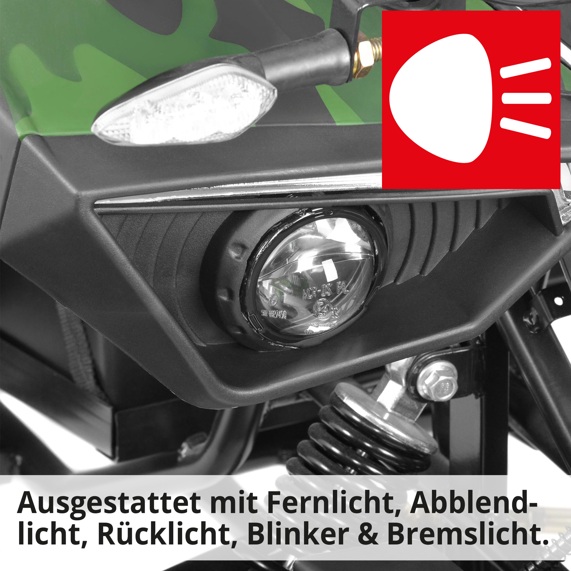 Army - Quad mit Straßenzulassung ausgestattet mit Fernlicht, Abblendlicht, Rücklicht, Blinker und Bremslicht