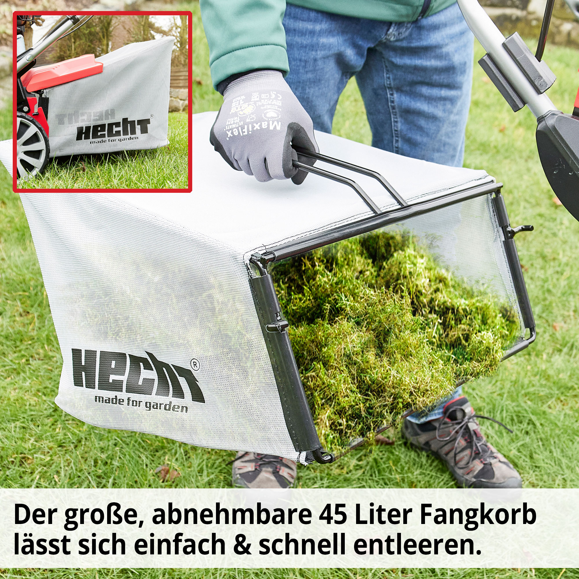 Benzin-Vertikutierer mit 45 Liter Grasfangkorb für bequemes und schnleles entleeren 