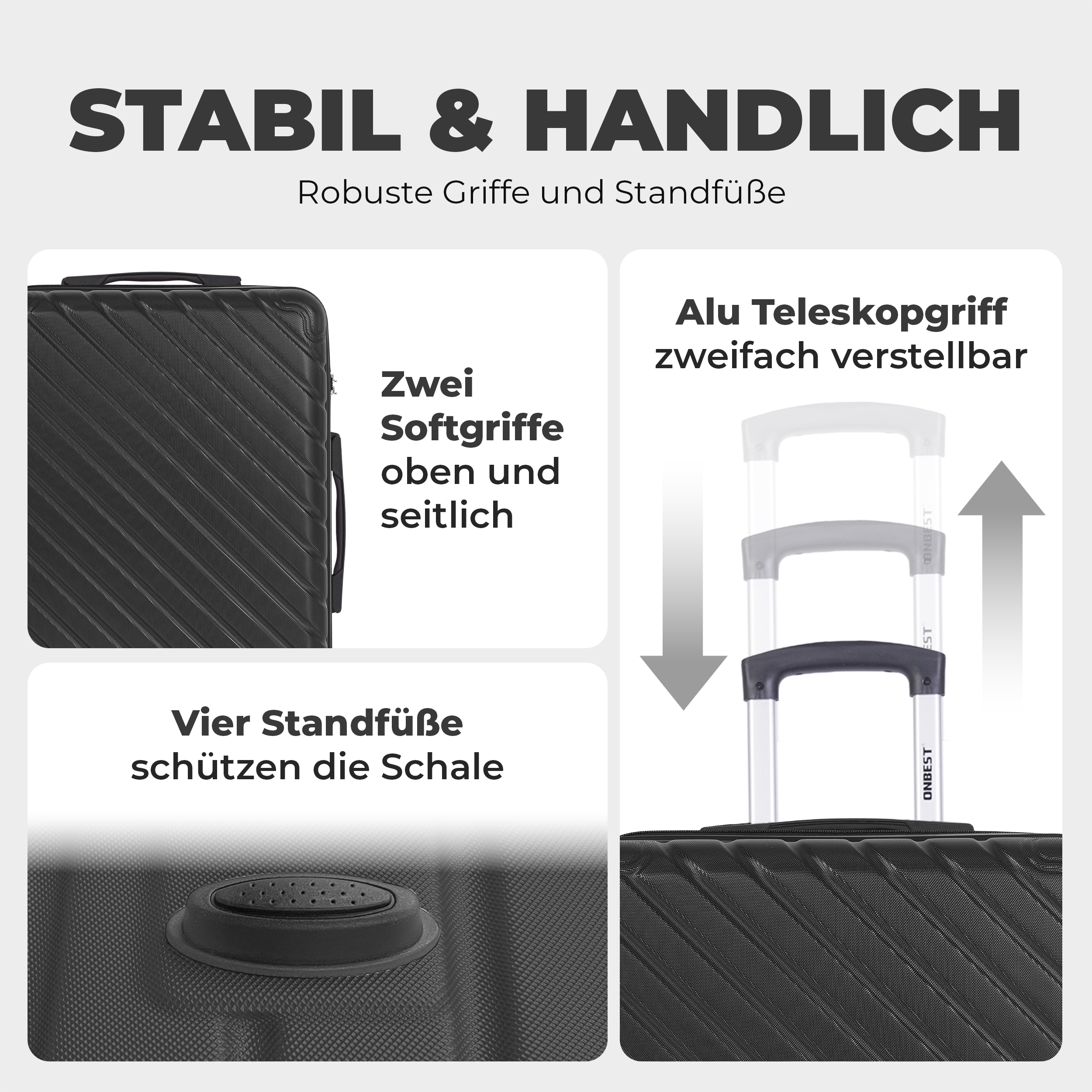 Trolley Set ONBEST 3-teilig Schwarz mit Teleskopgriff und Softgriffen