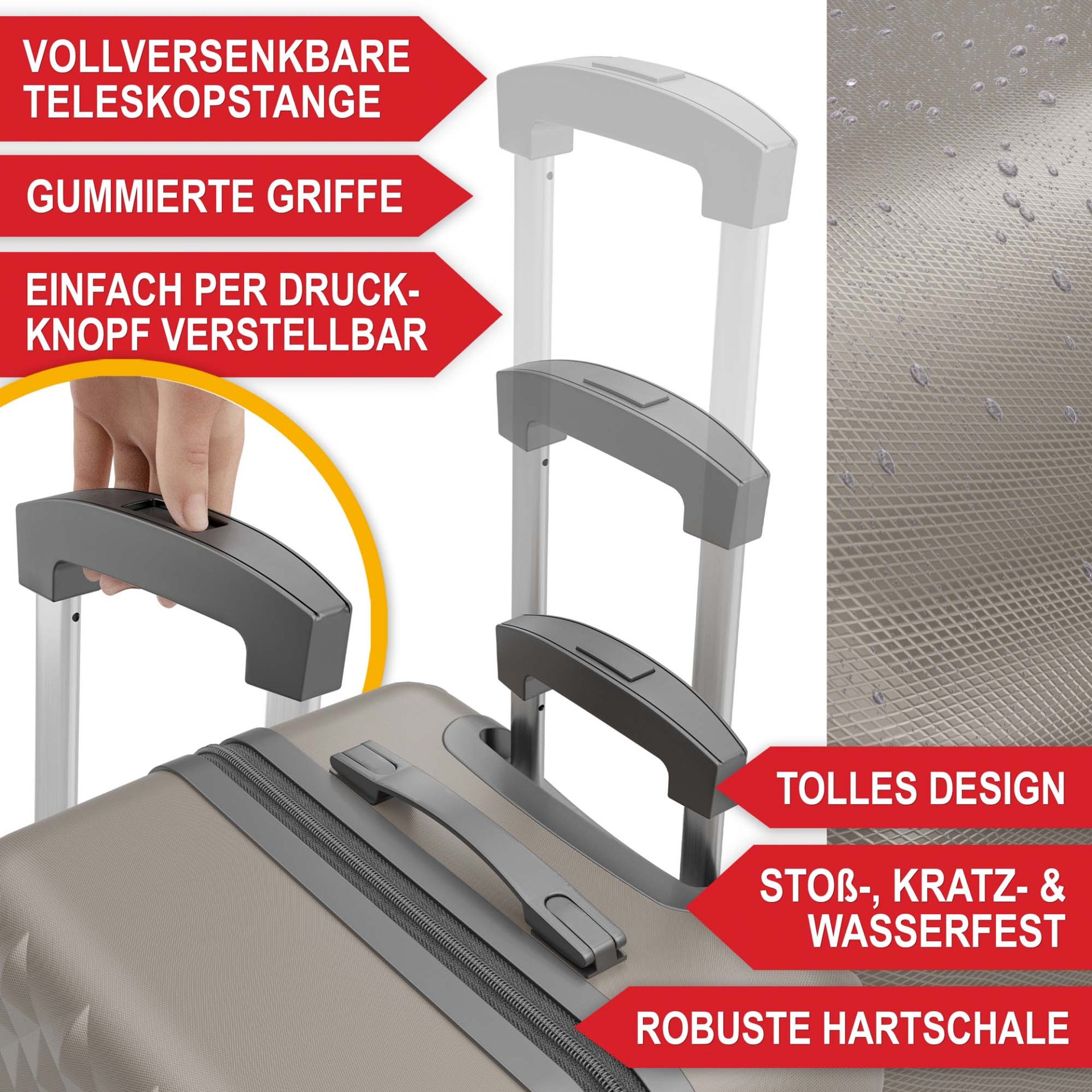 Hartschalenkofferset Champagner - Vollversenkbare Teleskopstange; gummierte Griffe; einfach per Druckknopf verstellbar; tolles Design; stoß- kratz- und Wasserfest; robuste Hartschale