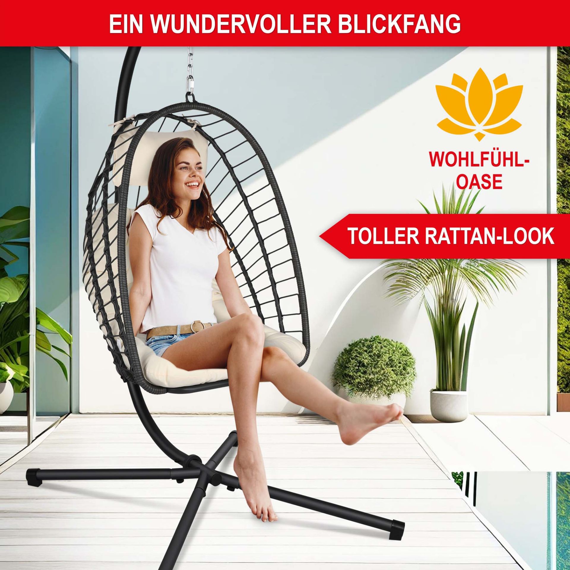 Hängesessel beige - Ein wundervoller Blickfang, toller Rattan-Look Hängesessel beige - Ein wundervoller Blickfang, toller Rattan-Look