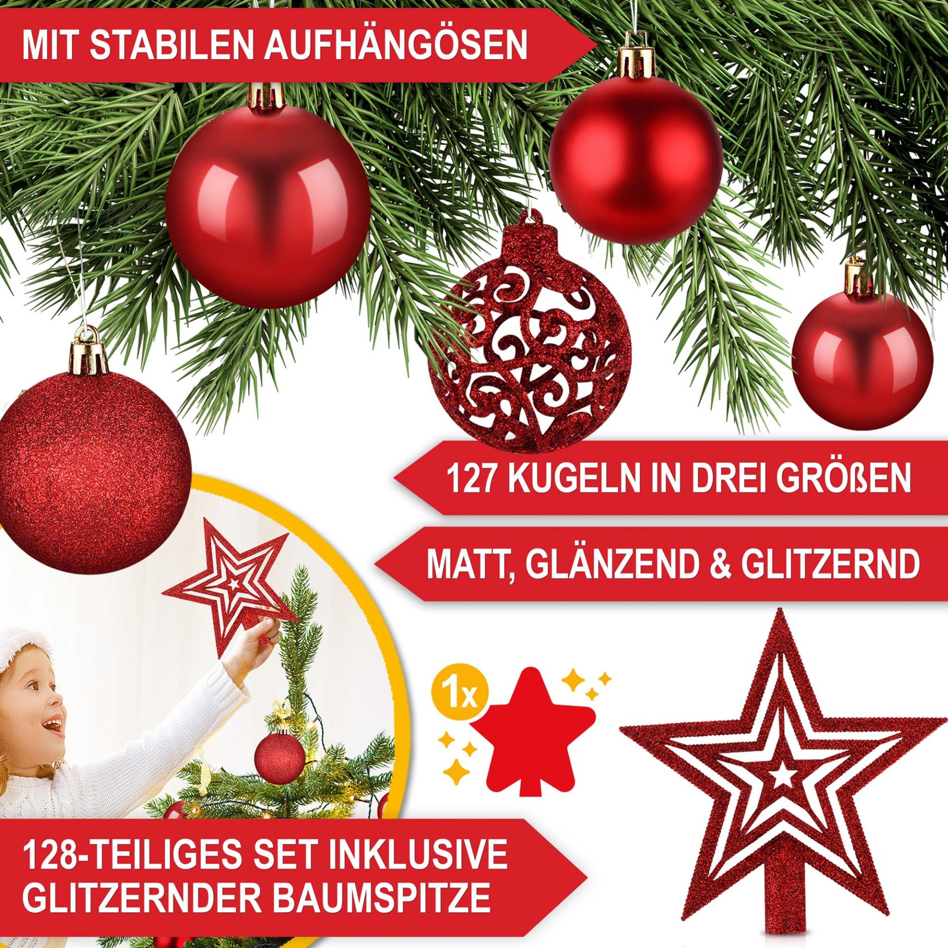 Weihnachtskugeln rot - Stabile Aufhängösen, 127 Kugeln in 3 Größen, matt, glänzend, glitzernd, inklusive Baumspitze
