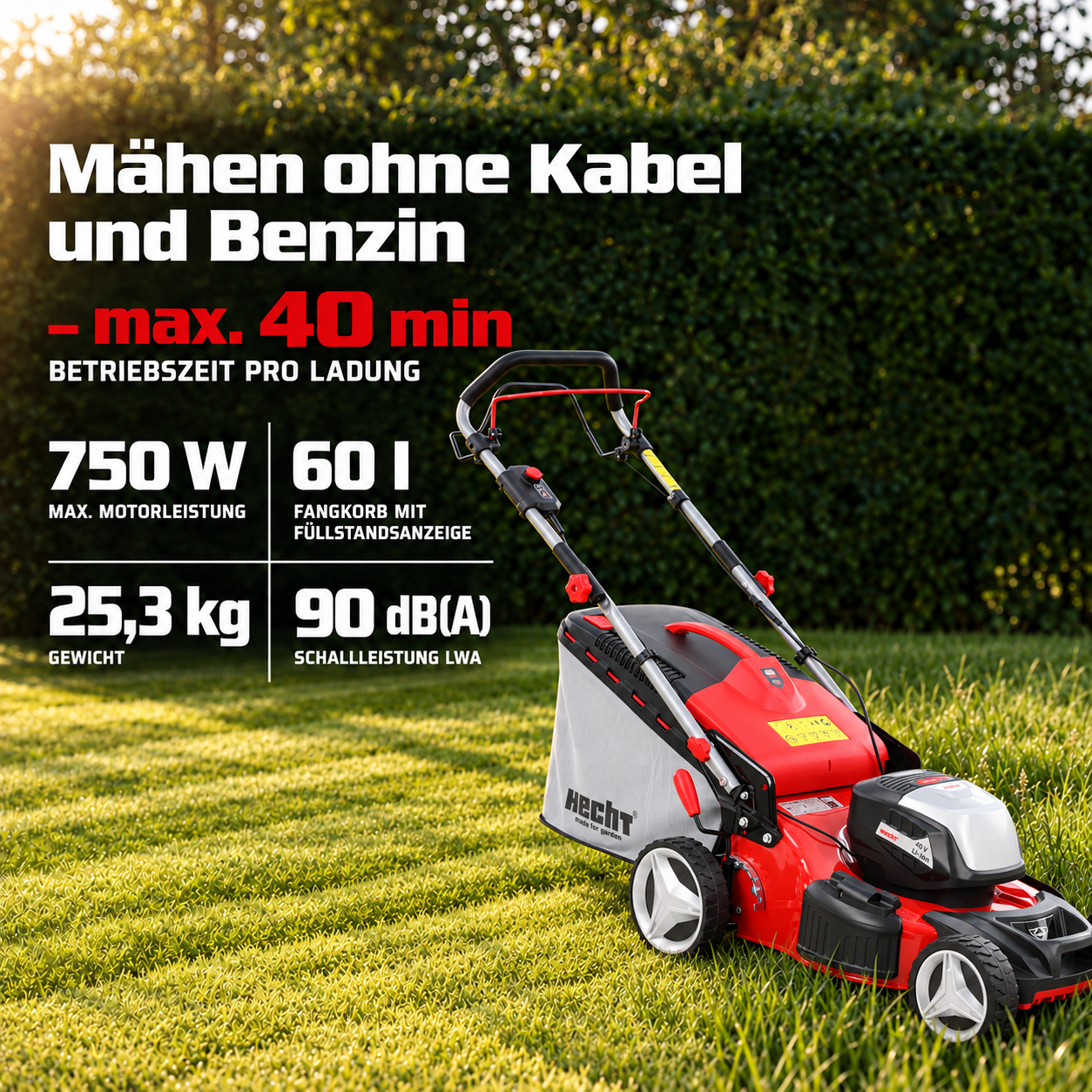 HECHT Akku-Rasenmäher mit 750 W Leistung und bis zu 40 min Betriebszeit (Dieses Bild wurde mit Hilfe von KI generiert.)