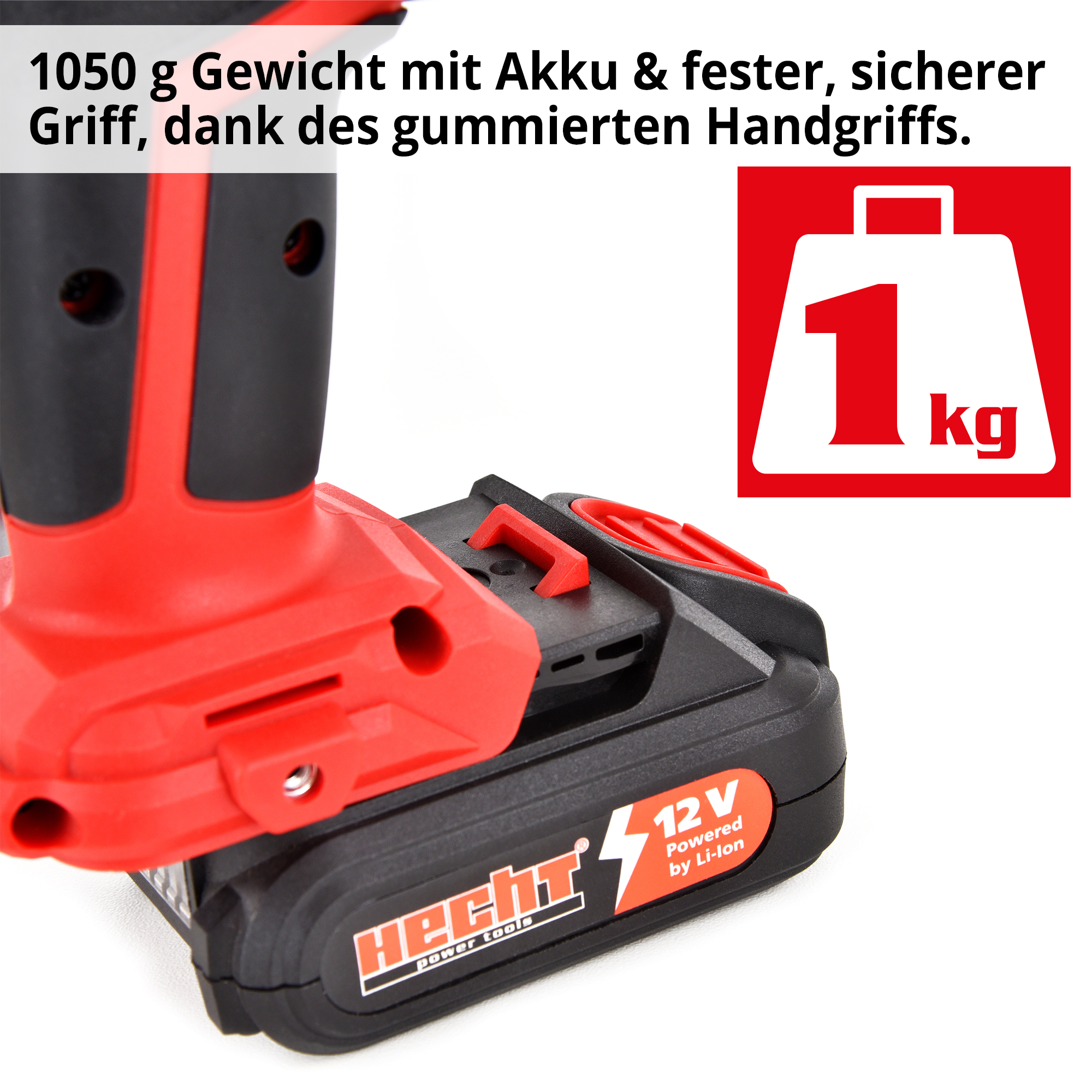 HECHT 1215 Akkuschrauber; 1050 g Gewicht mit Akku & fester, sicherer griff, dank des gummierten Handgriffs