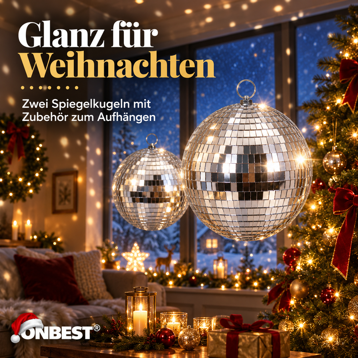 Glänzende Spiegelkugel ONBEST: Festliche Weihnachtsdeko vor dem Fenster (Dieses Bild wurde mit Hilfe von KI generiert.)
