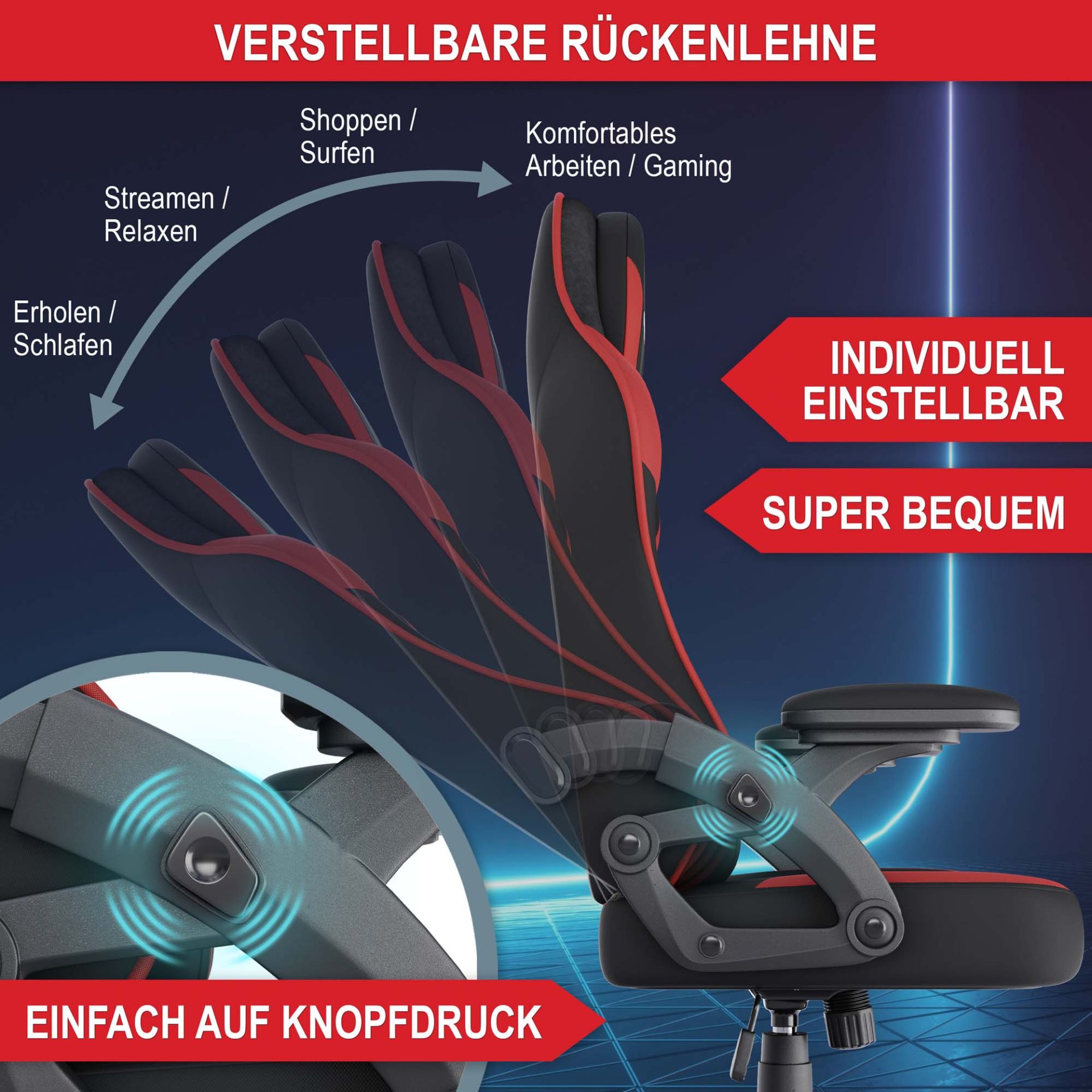 Gaming Stuhl rot/ schwarz - Verstellbare Rückenlehne, individuell einstellbar, super bequem, einfach auf Knopfdruck