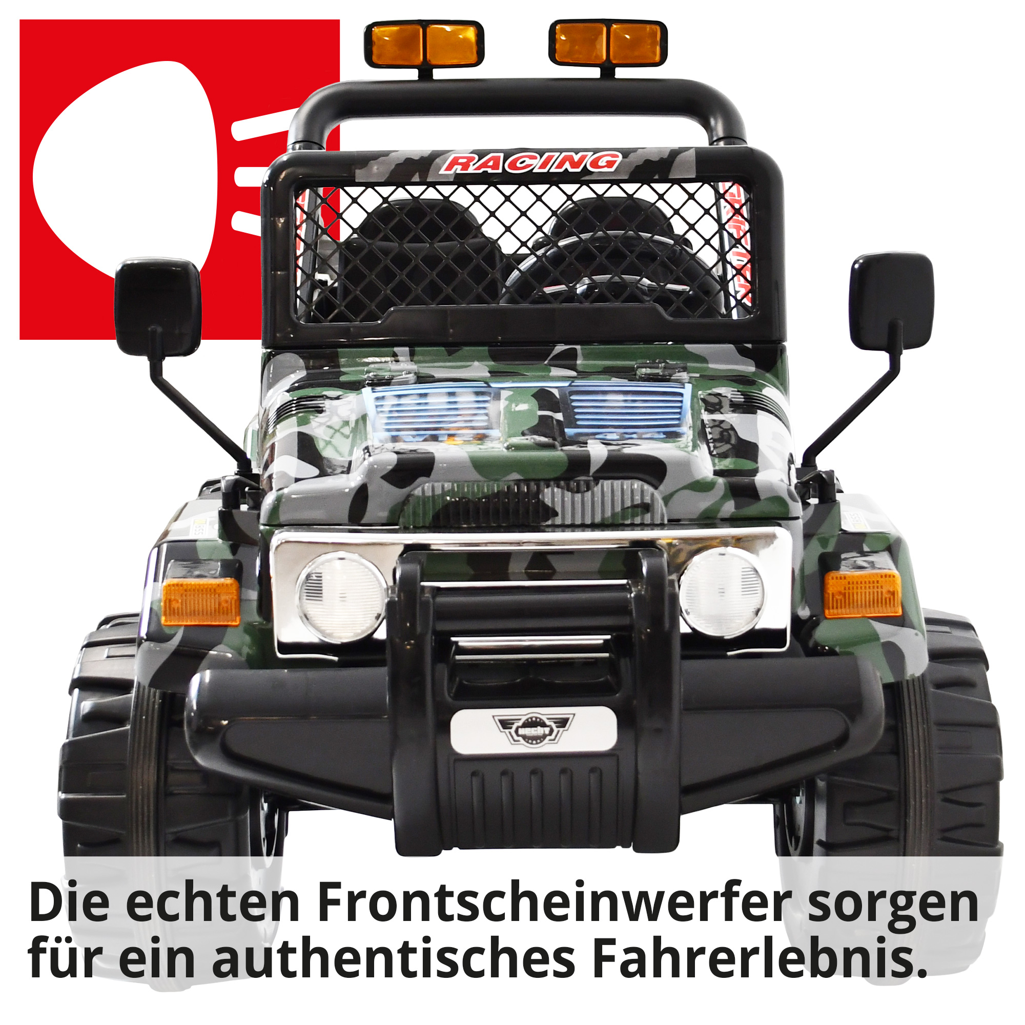 Kinder Elektroauto Jeep Army-Look mit echten Frontscheinwerfer für ein authentisches Fahrerlebnis