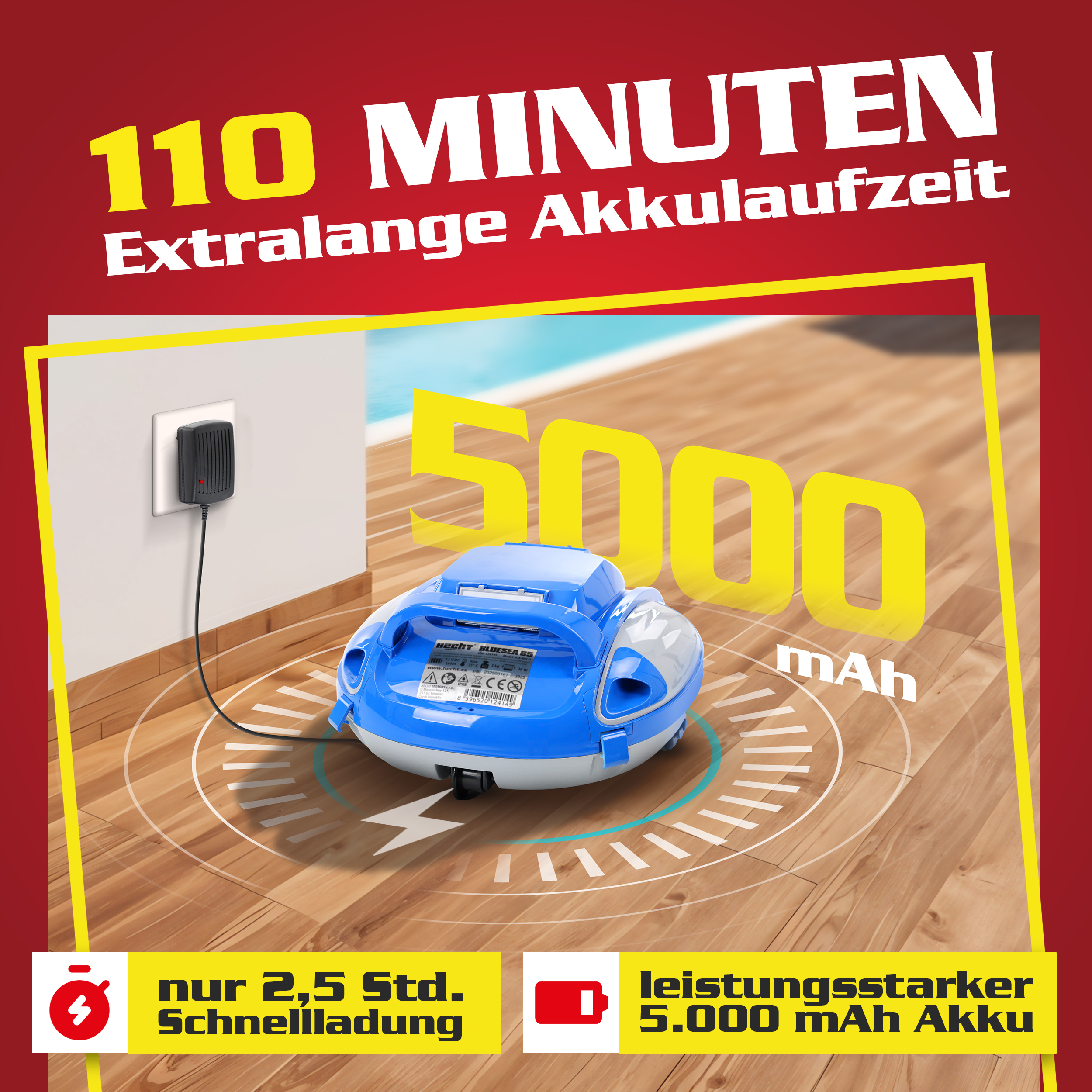 Akku Poolreiniger mit 110 Minuten Laufzeit und 5000 mAh Akku
