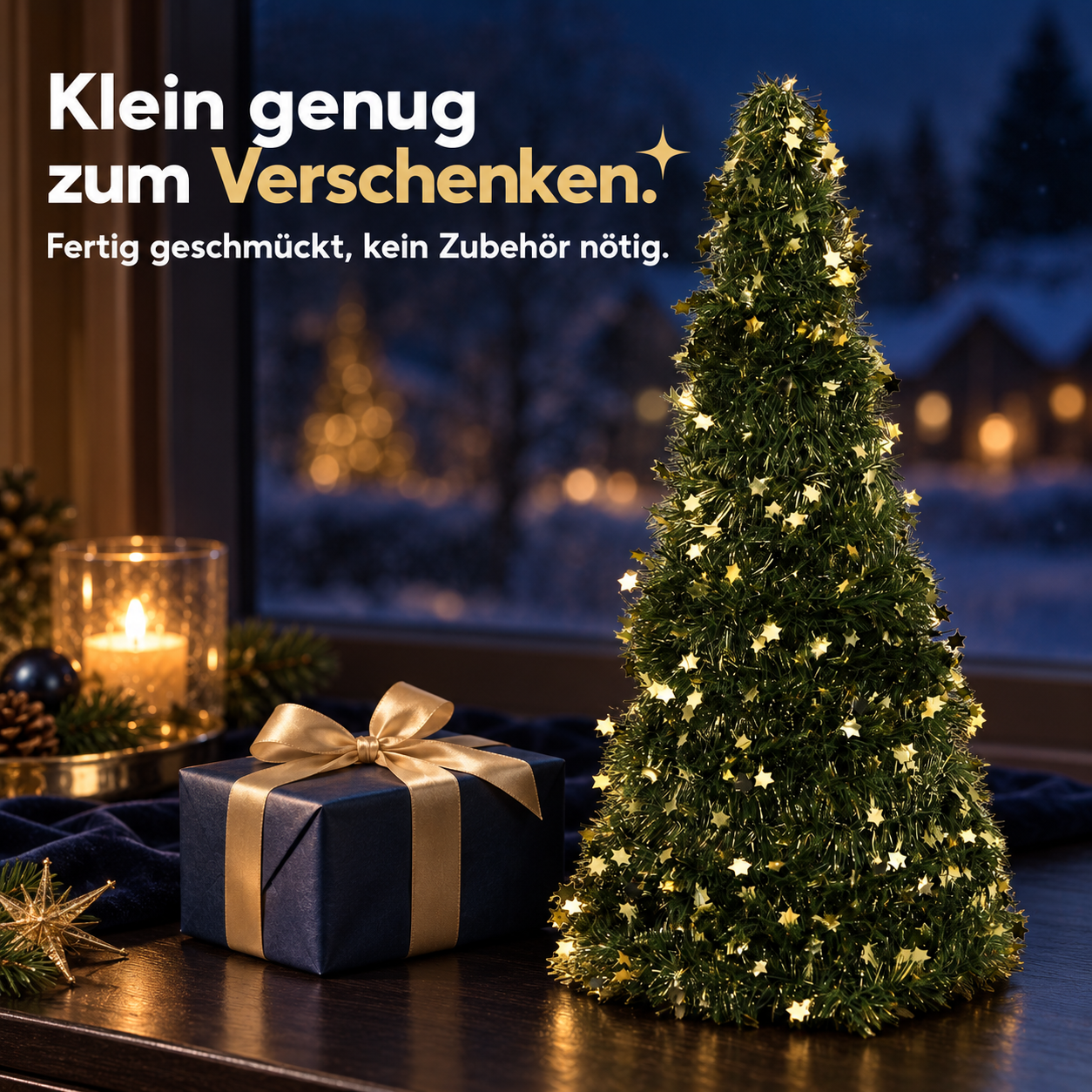 Mini-Baum als Geschenkidee: Fertig geschmückt und kein weiteres Zubehör nötig (Dieses Bild wurde mit Hilfe von KI generiert.)