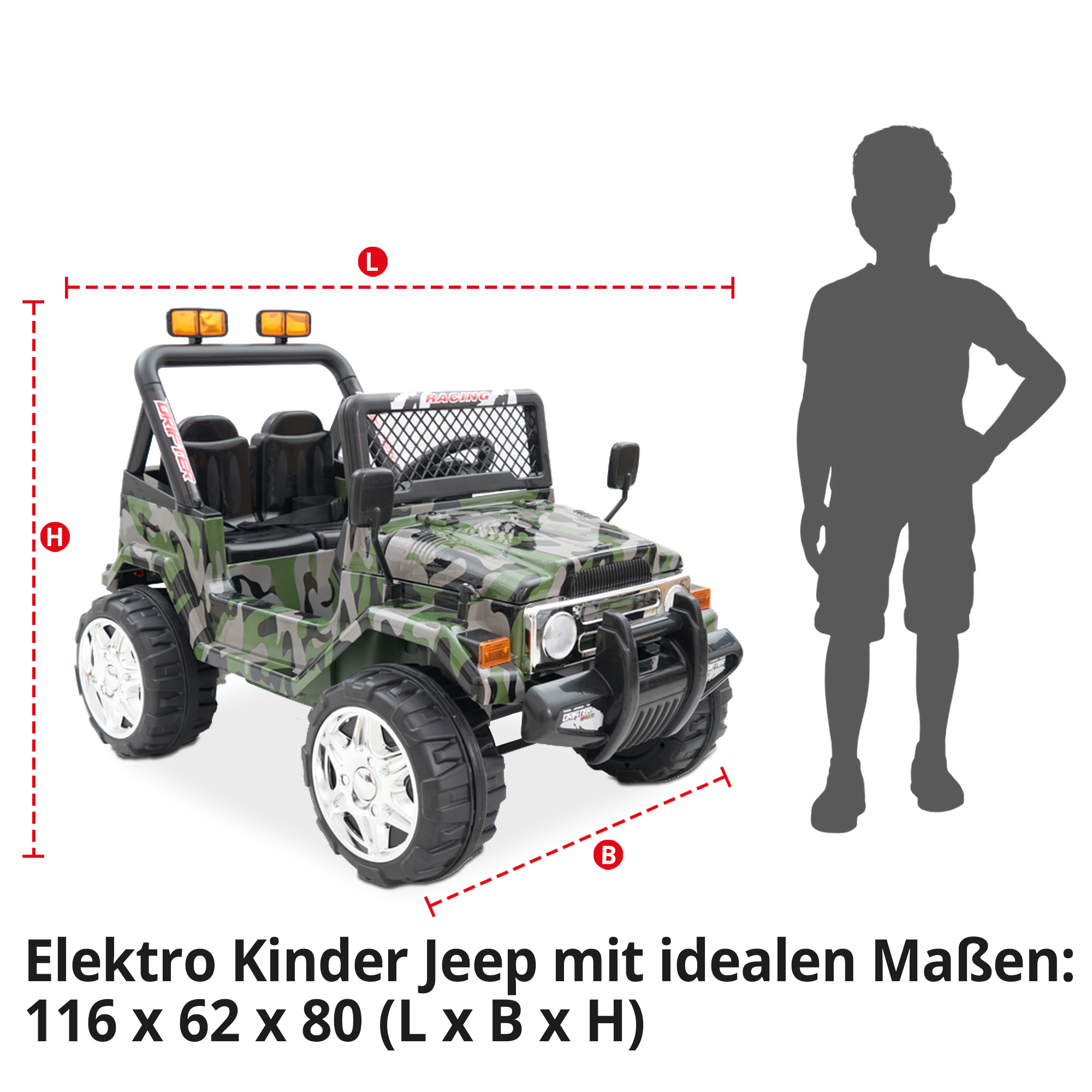 Kinder Elektroauto Jeep Army-Look mit idealen Maßen 116 x 62 x 80
