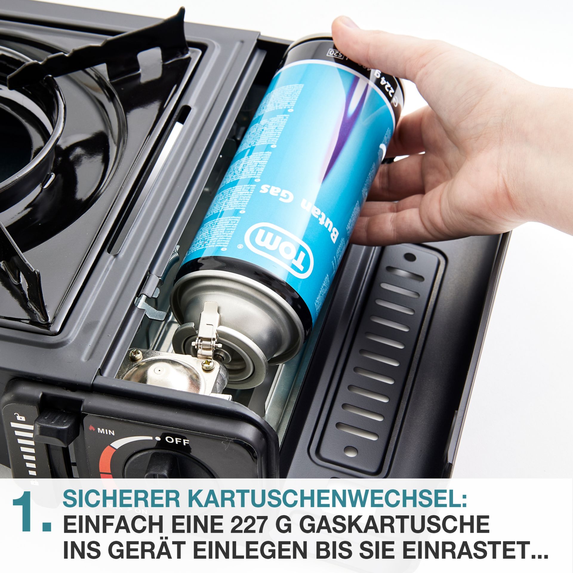 TOM Gaskocher - GK-227 Edelstahl Everest; sicherer Kartuschenwechsel