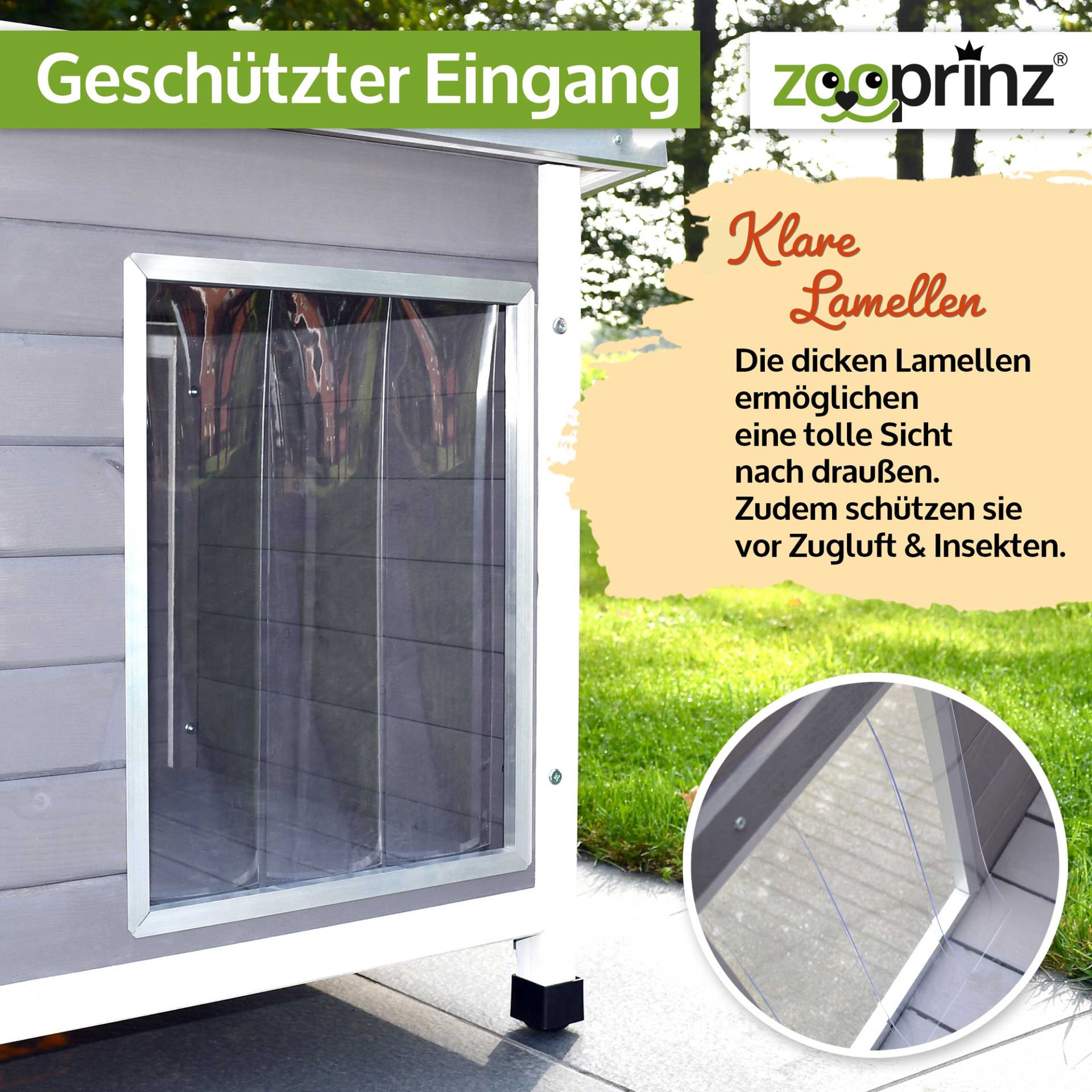 Hundehütte Jacky; Geschützter Eingang mit klaren Lamellen