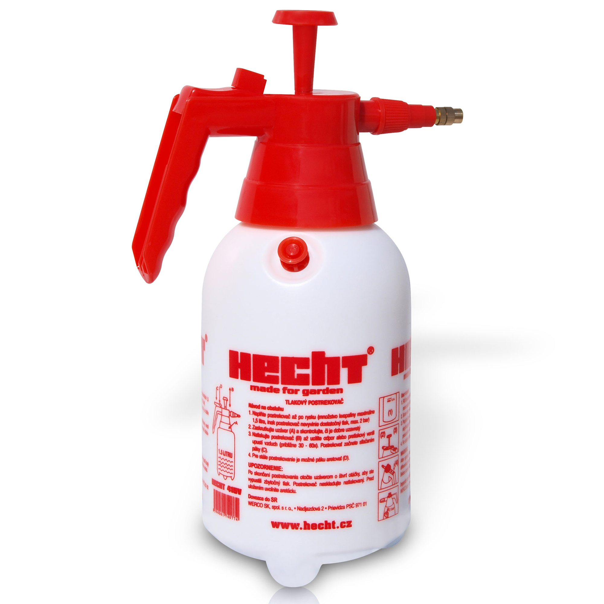 Drucksprühgerät mit rotem Handgriff und Messingdüse zum feinen Verteilen von Wasser oder Pflanzenschutz