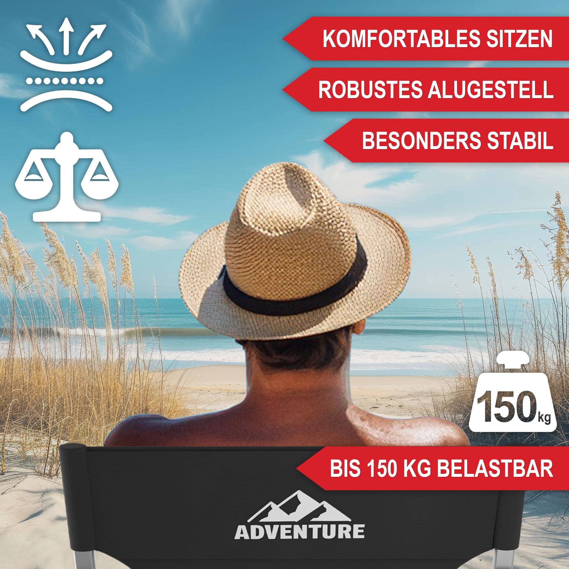 Campingstuhl mit Kühltasche schwarz - Komfortables Sitzen; robustes Alugestell; besonders stabil; schwer belastbar